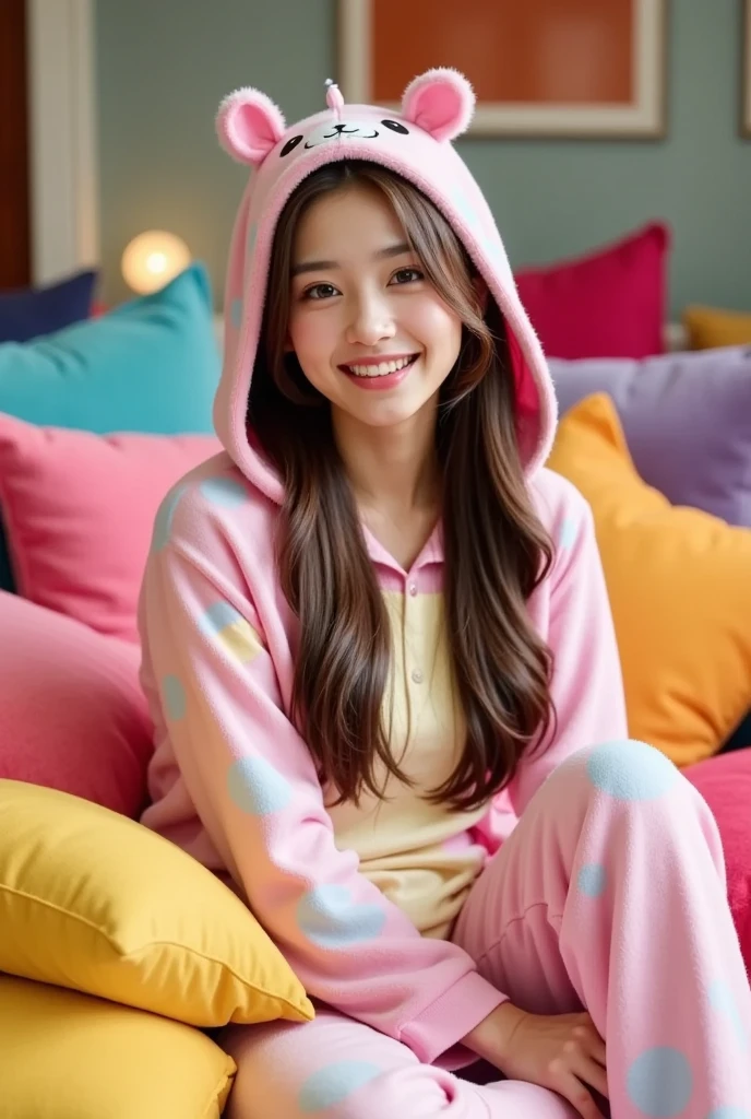 A cute face like an idol Pink pajamas He's wearing pajamas but they're unbuttoned Medium bust Cleavage 高熱を出してSleeping in bed Sweat in the chest High fever and sweat on the face Cleavage In a dark room Natural light Sleeping in bed Whole body Full body portrait RAW Photos live-action Genuine Real Stick High resolution RAW Photos