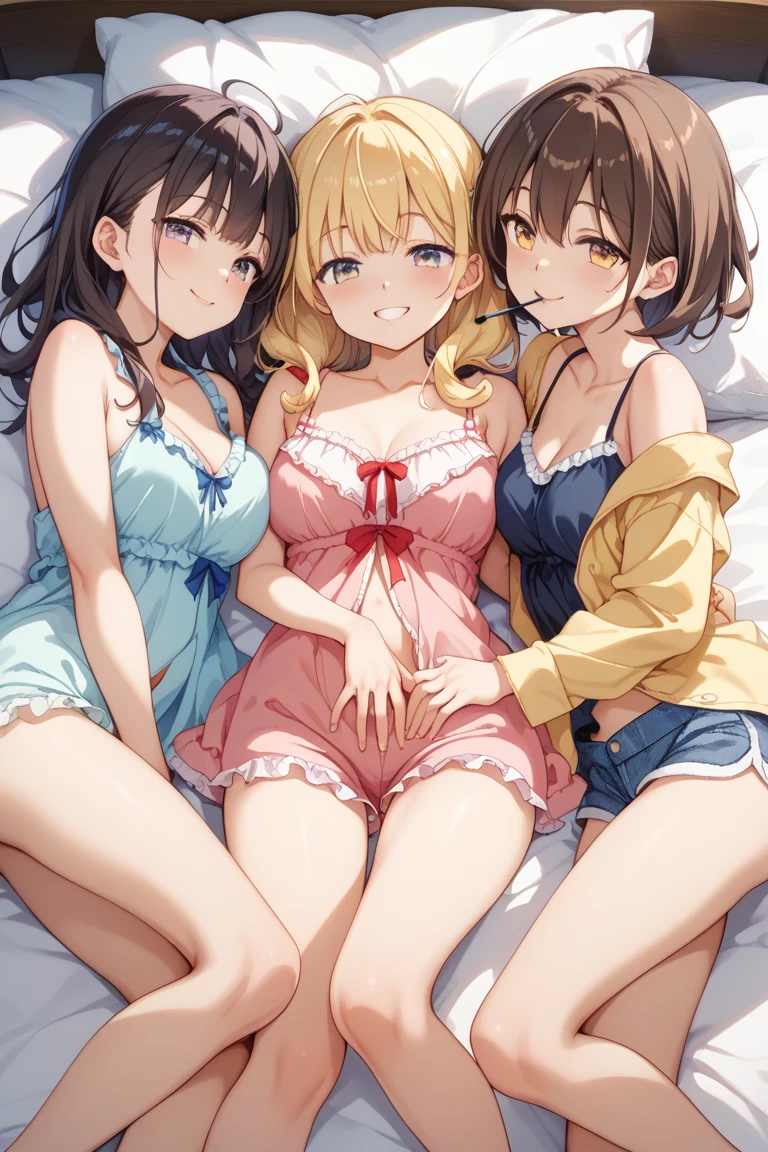 (Best Illustration, masutepiece, nsfw) Bed in the bedroom, lots of disheveled bras, two married women hugging each other on the bed, see-through camisole, lace micro underwear, lesbian, naughty smile