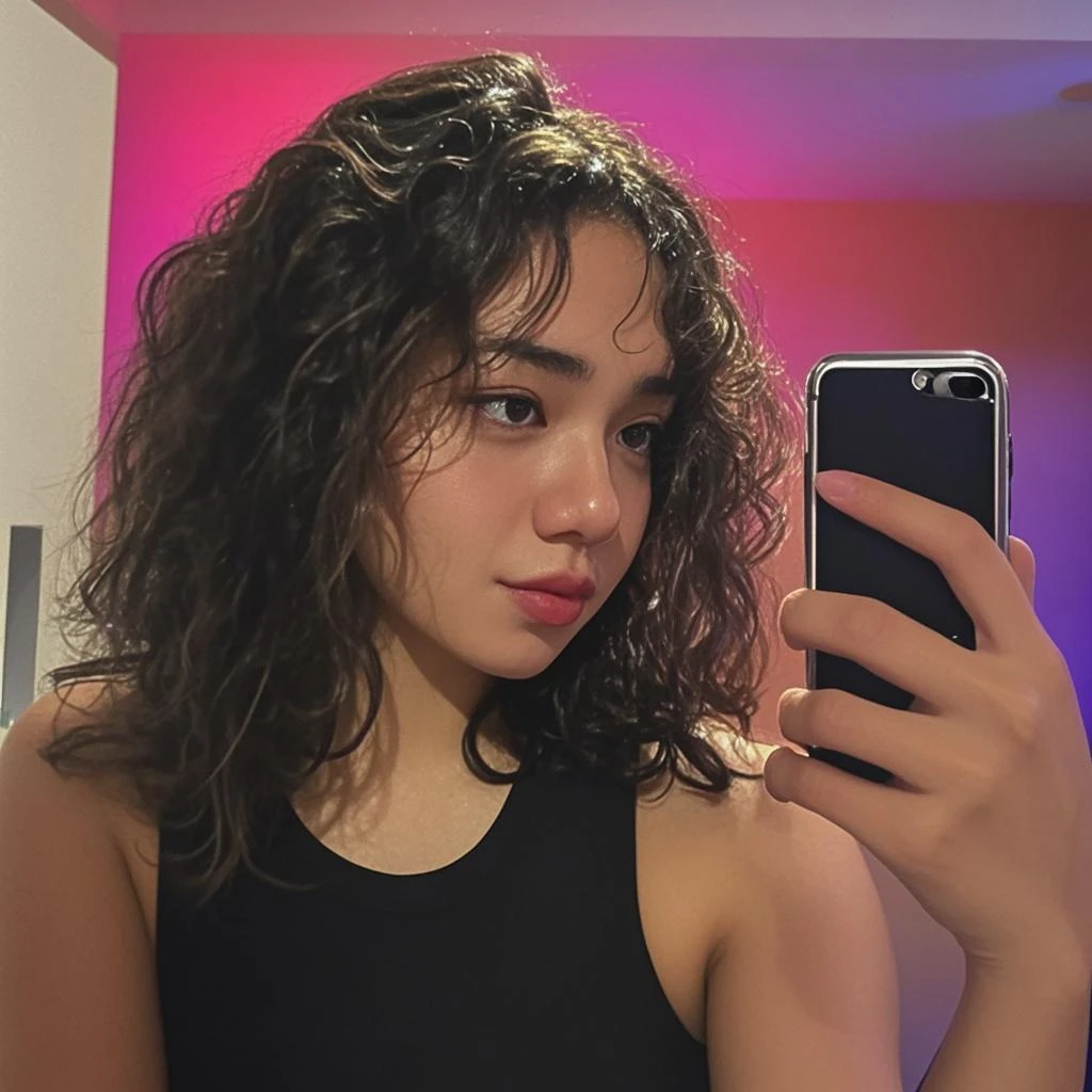 there is a woman taking a selfie in a mirror, greasy hair, frizzy hair, in her hair, messy curly hair, hair is the focus, her hair is in a pony tail, curly hair, a black man with long curly hair, her hair is white, text and a pale young woman, her face framed with curls, tessa thompson inspired, Big tits, huge tits , no clothes, sexy, cute, minimal clothes, thick, bbw, chubby stomach, thick nipples, nipple piercings, large areola, hard nipples, piercing through shirt, nipples hard through shirt, busty, major cleavage, naked, ripping through top, spilling over sides, bra too tight, giant , extra wide hips, upper body zoom in, showing off huge , fat stomach, see through top, fat bbw, large areola showing, major cleavage, latina, down to stomach, wide hips, sexy, upper body zoom, thick arm, showing off , top half only, showing only upper, only a bra, showing off cleavage, naked, big showing, big tits out, no clothes