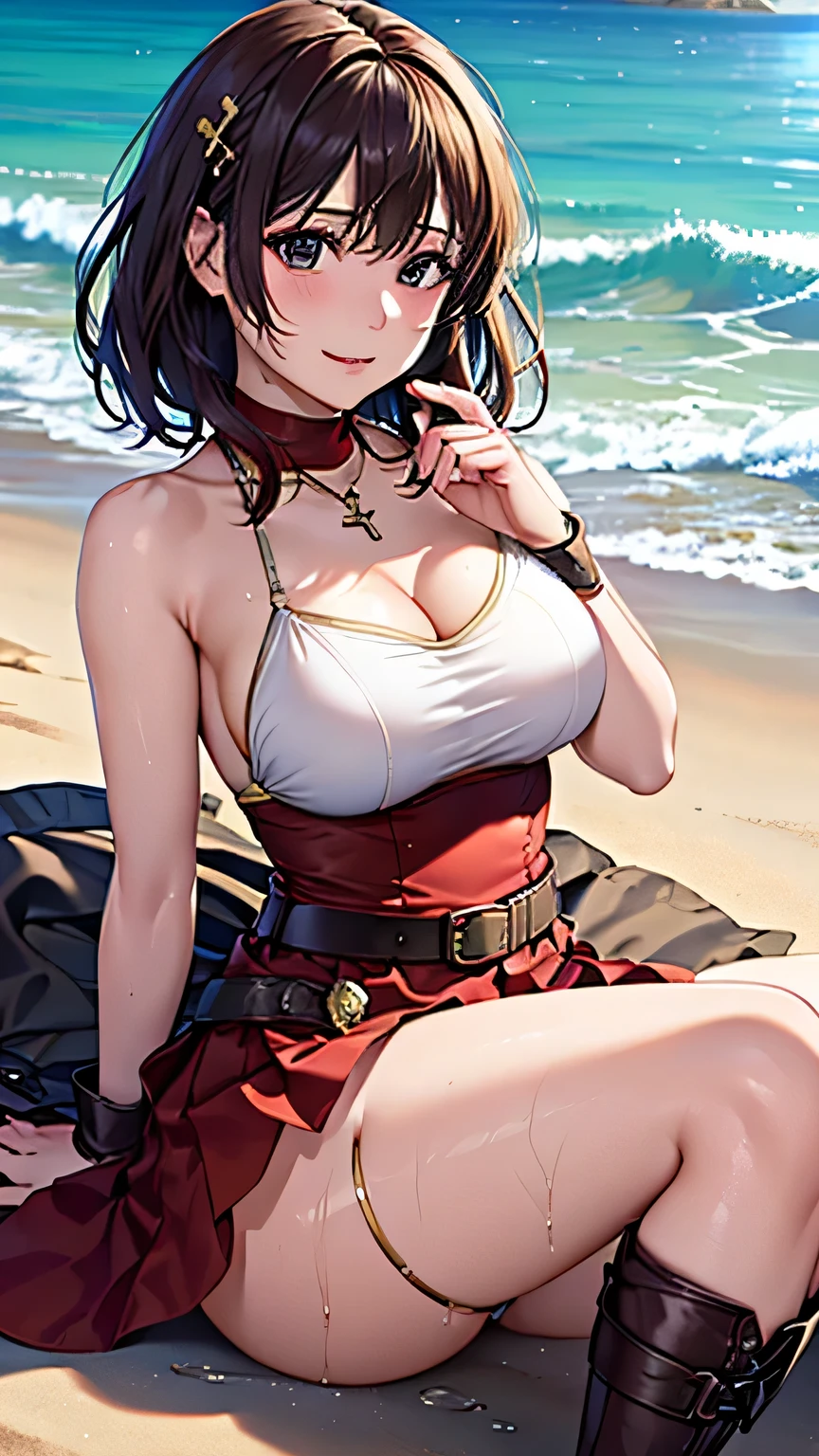 boku no hero academia, lady nagant,1girl short hair purple hair multicolored hair purple eyes purple belt,Lady Nagant, a powerful villain from the League of Villains in My Hero Academia, decides to take a break from her nefarious activities and enjoy some sunbathing time on the beach. She wears an Imagine a stunning, erotic twist on the traditional Mrs. Claus costume for a provocative Christmas cosplay. Start with a long velvet dress in a rich crimson red hue, reminiscent of Santa's iconic suit. The fitted bodice should feature Intricate golds embroidery reminiscent of festive holly leaves, with a plunging neckline that showcases ample cleavage. A wide satin sash cinches the waist, accentuating your curves before flowing into a dramatic pleated skirt. Add some tantalizing touches, like sheer stockings up to the waist. thigh highs in a deep berry shade, supported by garter belts adorned with tiny bells. A pair of patent leather knee-high boots completes the look, their sleek black surface contrasting beautifully with the vibrant red dress. Incorporate some fun and mischievous elements – perhaps a little Santa hat dangling from the top of your head or a sprig of mistletoe cleverly hidden inside your cleavage. The overall effect should be a sultry, flirty take on classic holiday attire, perfect for offering sensual surprises under the mistletoe this Christmas season. which perfectly accentuates her curvy figure and long legs. As she lay down on her lounge chair under a large umbrella, her eyes closed peacefully as they enjoyed the sun's rays. Her blonde hair cascades over one side of her face, adding to her allure. Despite being surrounded by innocent civilians enjoying the day at the coast, no one seems to notice or recognize this dangerous woman due to the clever disguises and concealment techniques mastered by the League members.