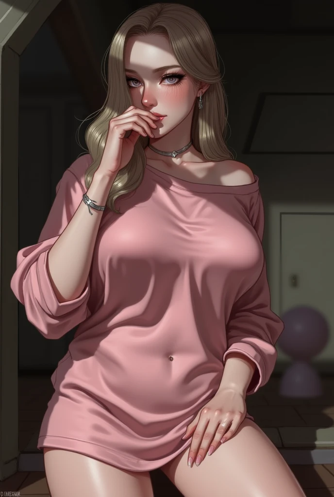 (Masterpiece), (4k), (Intense colors and lights), (evening light), (salon), (((2 women))), ((mother and daughter)), ((milf)), ((adolescent)), Mature 40-year-old mother with brown hair and big breasts dressed in a sexy, semi-transparent purple nightgown and a black lace bra and panties, she also wears golden triangular earrings., At her side is her young 14-year-old daughter, blonde with pink highlights and a , wearing a thin white thread top with an open back and a blue denim skirt with a brown belt., They are both in a sensual position