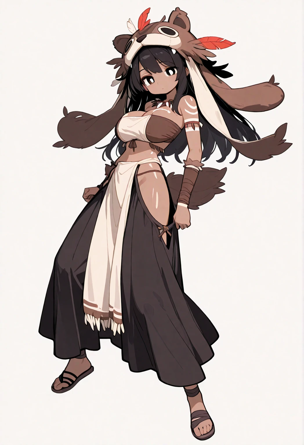 lora: 1.5 gensin impact , high res, stable diffusion, 1girl, solo, full body, dark-skinned female, dark skin, black hair, ponytail, golden eyes, medium breast, hip bones, escesive pubic hair, topless, nipples, paintbody, loincloth, poncho, oppen poncho, brown outfit, maya glipho, breast tattoo, maya tattoo, partiali visible vulva, native, native warrior, maya, maya girl, standing, spread legs, white background, simple background, lora 1:5 maya_stile