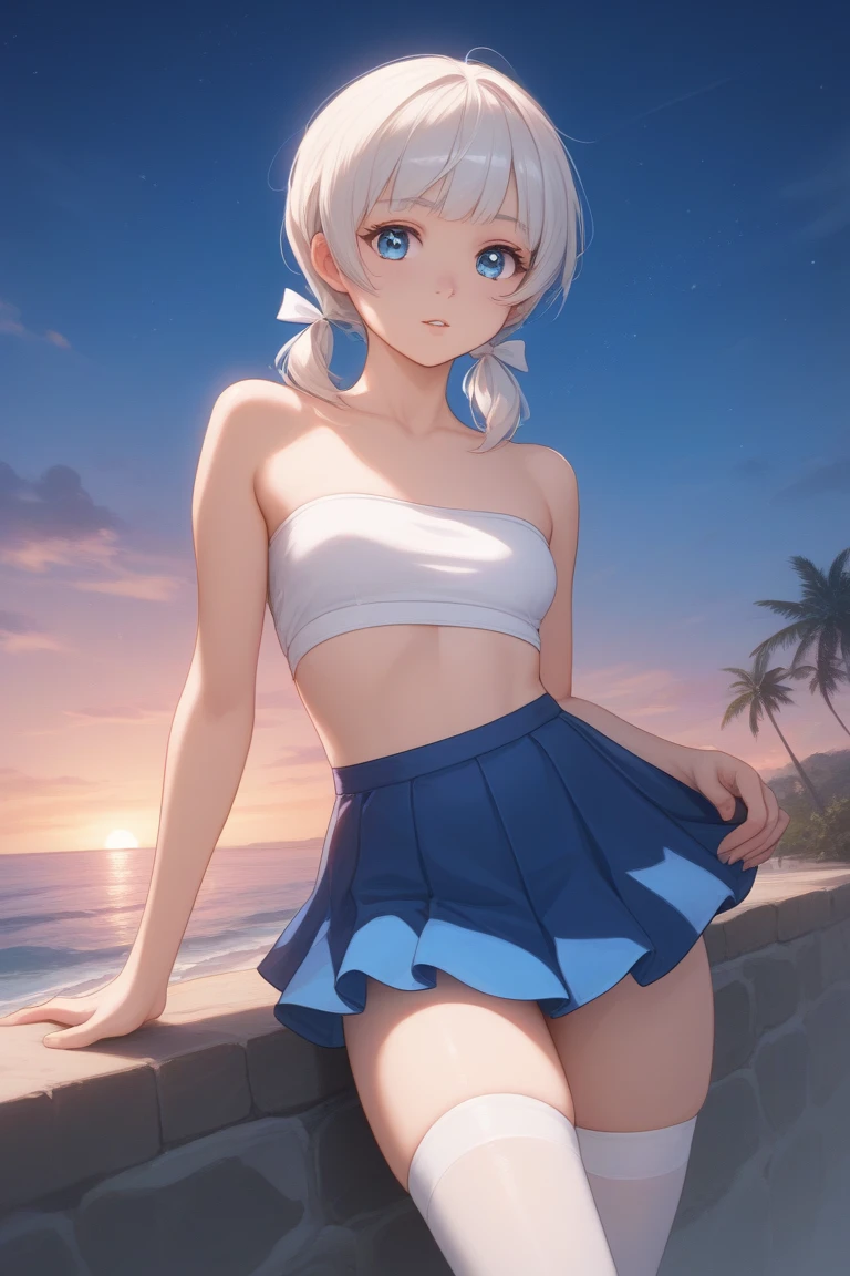 8k quality, Japanese , white sailor suit, black skirt, shy, sexy, clean body, white hair, massive breasts, shy, short hair, lies, arched, chubby, wide hips, smiling, Skirt Lift、Self Lift, white panties、lingerie、Outdoor, upskirt