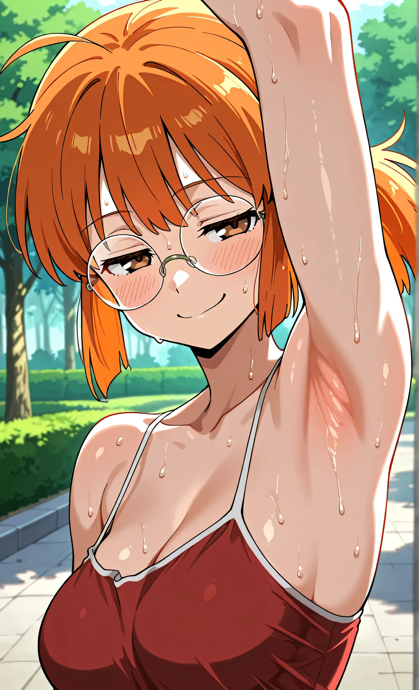 masterpiece, best quality, amazing quality, anime screencap, anime coloring, 1girl, solo, Fio Germi, toned, (muscular female:0.9), long hair,orange hair, short ponytail, sidelocks, brown eyes, bangs, round eyewear, medium breasts, red tank top, spaghetti straps, skindentation, (sweaty:0.7), arm up, raised arm, armpit, armpit focus, head towards viewer, looking at viewer, direct eye contact, smile, smug, blush, half-closed eyes, closed mouth, outdoors, day, park