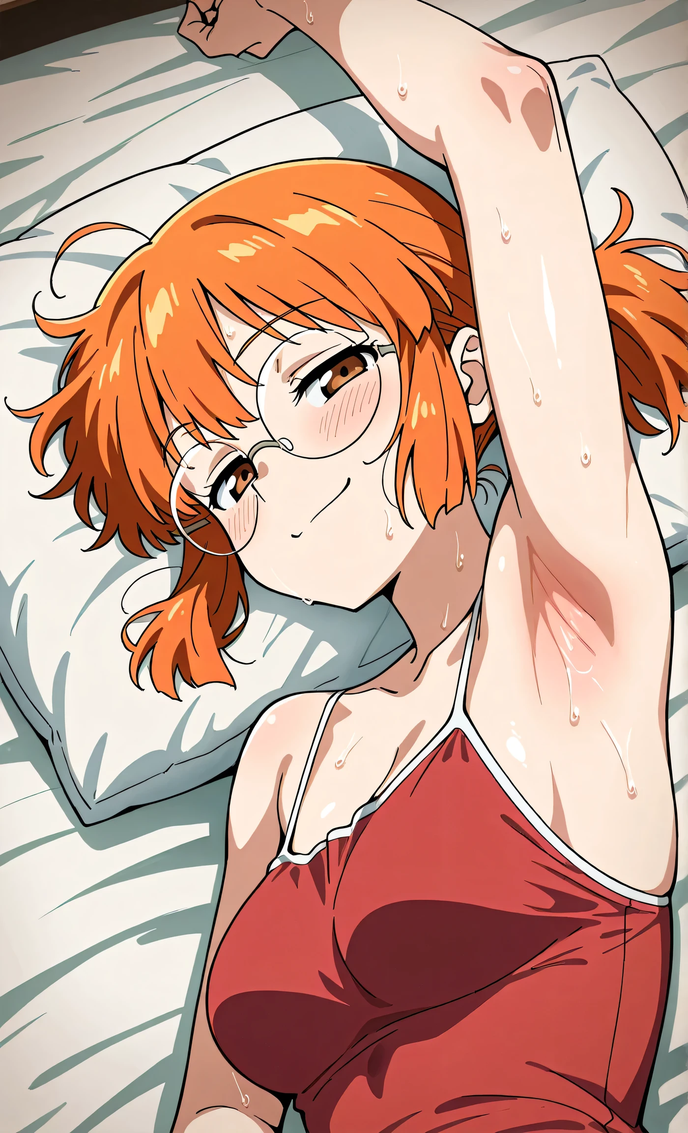 Female ,sleeping, Round orange glass glasses, big breasts, Short orange hair, Taking off One piece swimming suit, Detiled eyes, very detiled face, Bedriin background, Laying on bed, Wearing underware