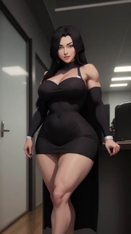 woman(upper body:1.2 1girl, masterpiece, best quality, ultra-detailed, illustration, finely detailed eyes and detailed face) Clothes: military outfit, special force general, Appearance: black hair in a , natural makeup, (purple eyes:1.05), wide hips, massive breasts, alluring, motherly, looking at viewer, curvy, voluptuous, full body, (mature female, milf:1.1), solo, (curvy:1.1), big ass, thick thighs, milf, modern military office background, sitting down, legs crossed, (((((huge muscles)))))