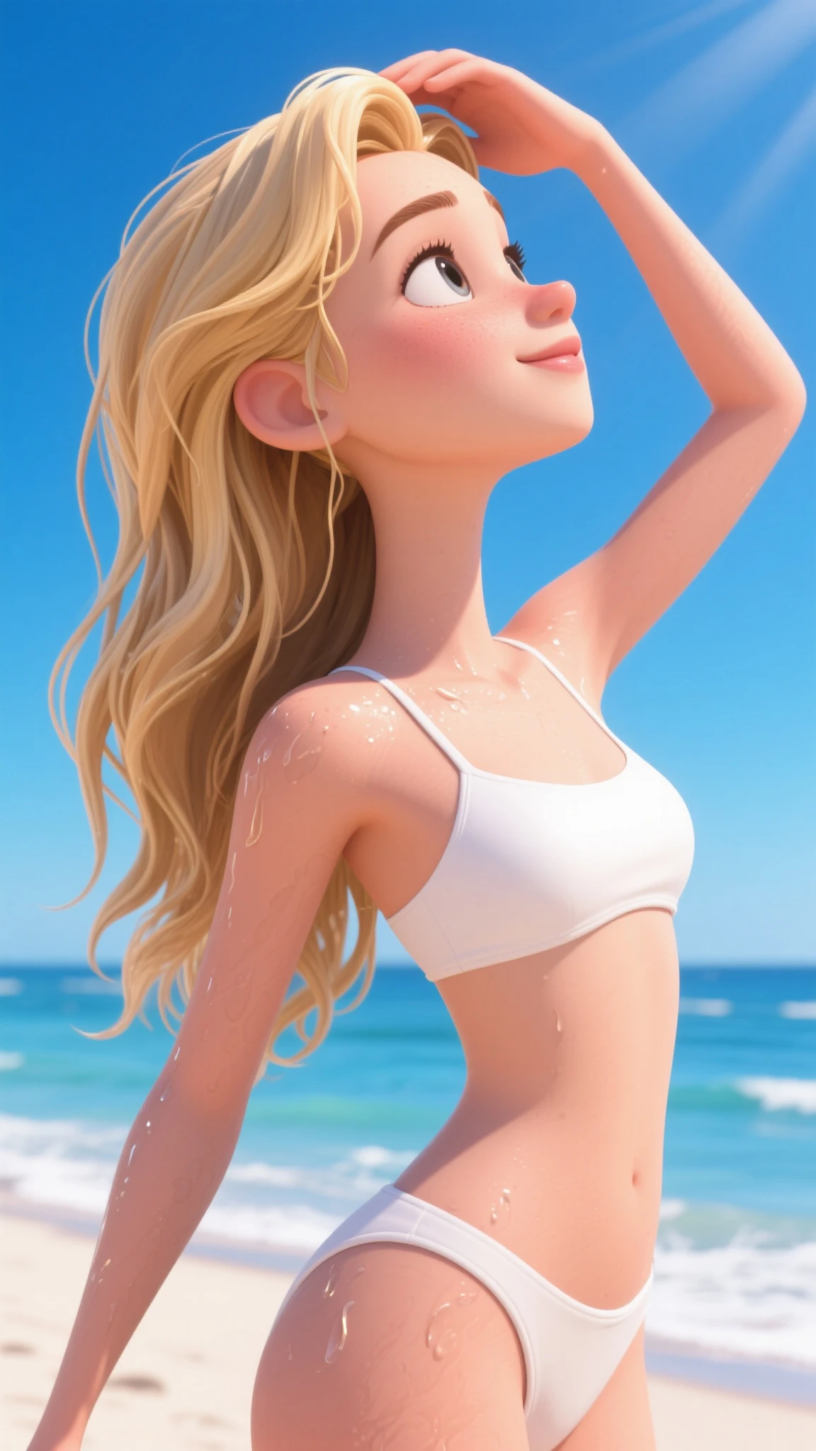 1girl, crop tee, jennifer lawrence, beautiful, beach, bright, sunlight, water, wet, wet clothes, happy, perfect lighting, happy, wind, hot body, thighs, natural breast, armpit, mature female, milf, looking at viewer