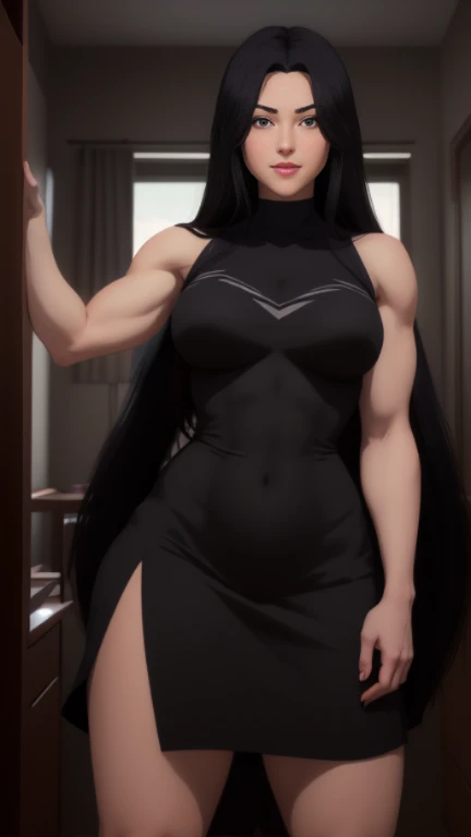 Big woman, nervous, in tight clothes, embarrassed to be seen, very tall, broad shoulders, long black hair, virgin killer sweater, bulky, muscular, tone body, in a high end restaurant