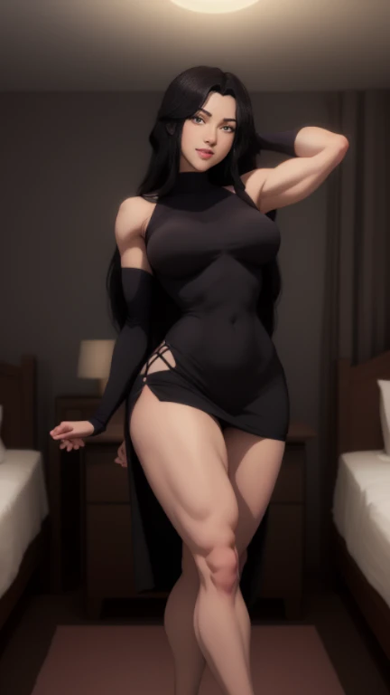 A feminine but muscular figure, a few centimeters larger than a typical human. She is dressed in a black suit with a small black skirt and high heels., although the outfit is designed to look like a wedding dress. The waist up is covered in a white fabric with intricate lace details. It is covered with golden jewels, a golden collar, earrings and a ring.