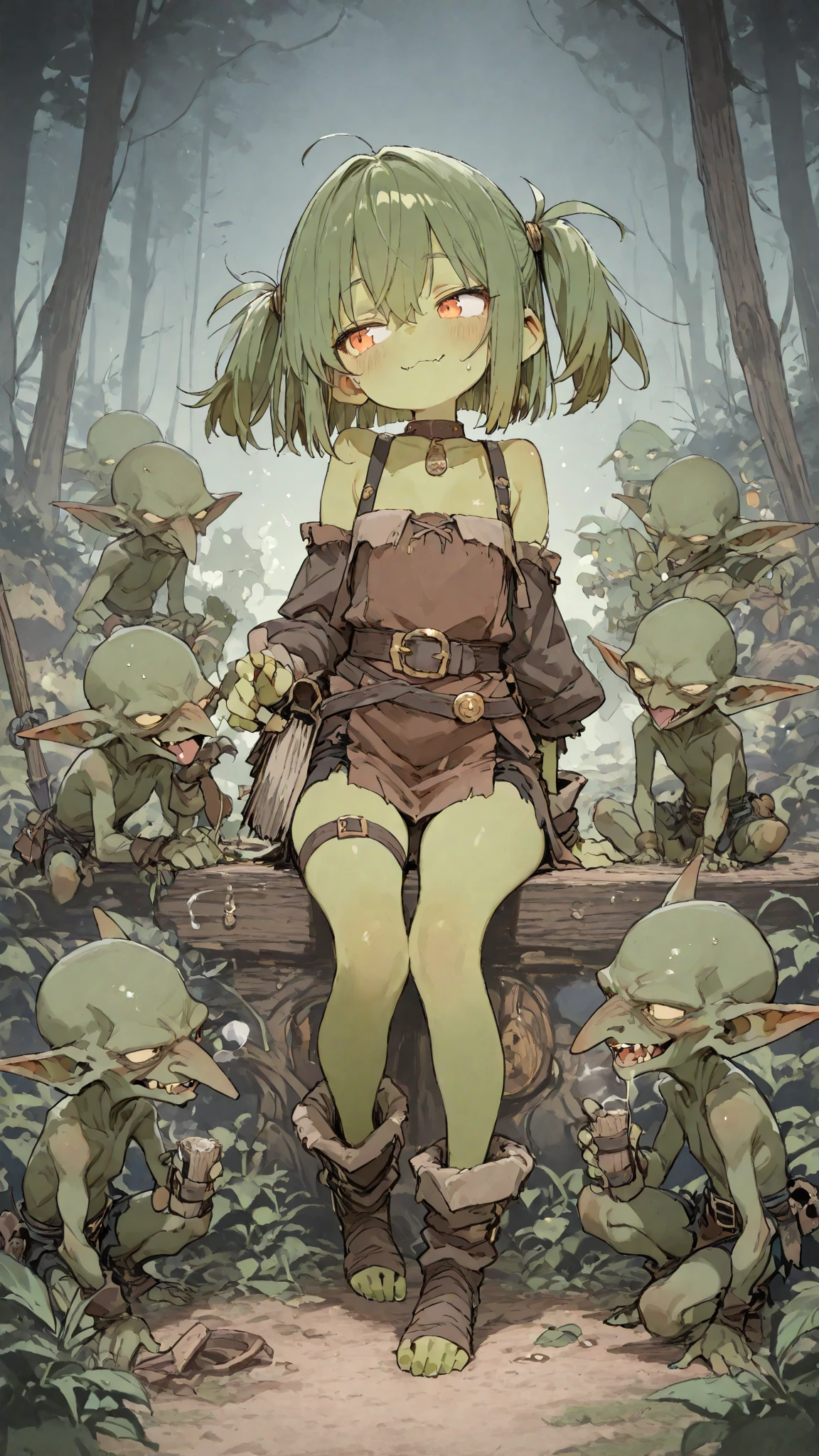masterpiece, (goblinriding, a goblin is riding a girl), goblin, multiple goblins, goblins, (all fours), 1girl, (leotard:1.1), (nose hook), reins, collar, chain, rope, obey, happy trance, smile, hair ornaments, small breast, breast, expressionless, emotionless, blank eyes, empty eyes, mind control, HELENA BLAVATSKY, PURPLE HAIR, SHORT HAIR, PURPLE EYES, hat, apocalyptic background