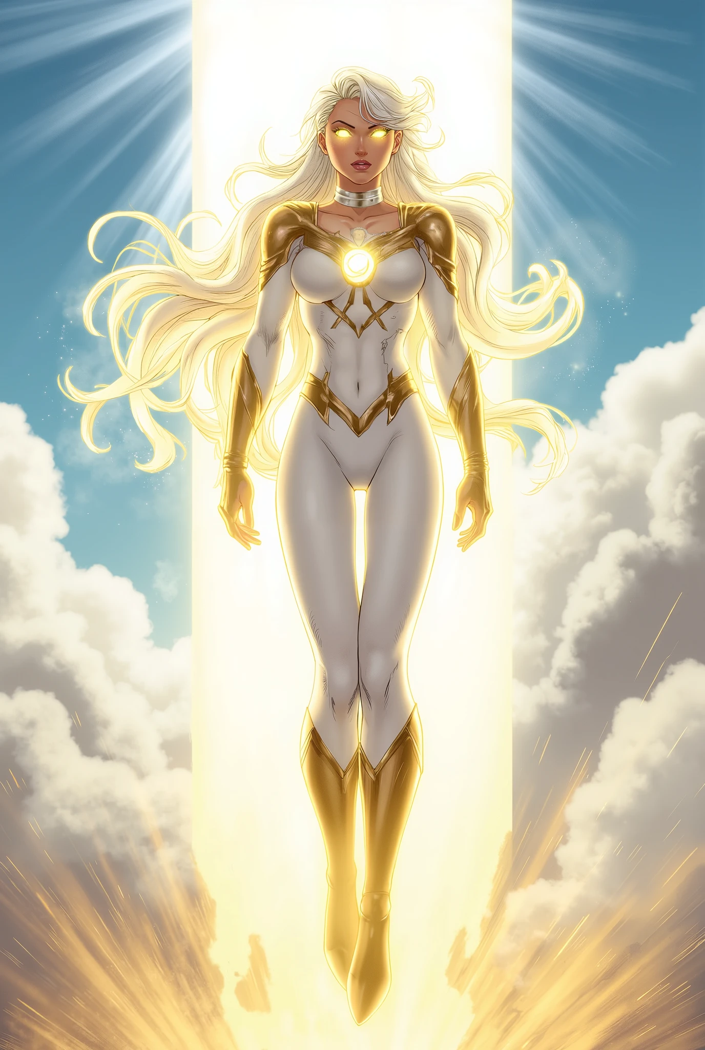 "A 2D digital illustration in the style of DC animated shows like Justice League Unlimited, featuring a young female superhero named Auréa. She has long, flowing white hair and glowing golden eyes. Her appearance is breathtakingly beautiful, with an ethereal yet powerful aura. Her superhero outfit is sleek and elegant: a white and gold bodysuit with armored details, no cape, high golden boots, and subtle glowing lines across her suit. She stands confidently, floating slightly above the ground with a golden light surrounding her. Her expression is serene but intense, and the background is a cloudy sky with rays of sunlight breaking through. She radiates strength, invulnerability, and purity."