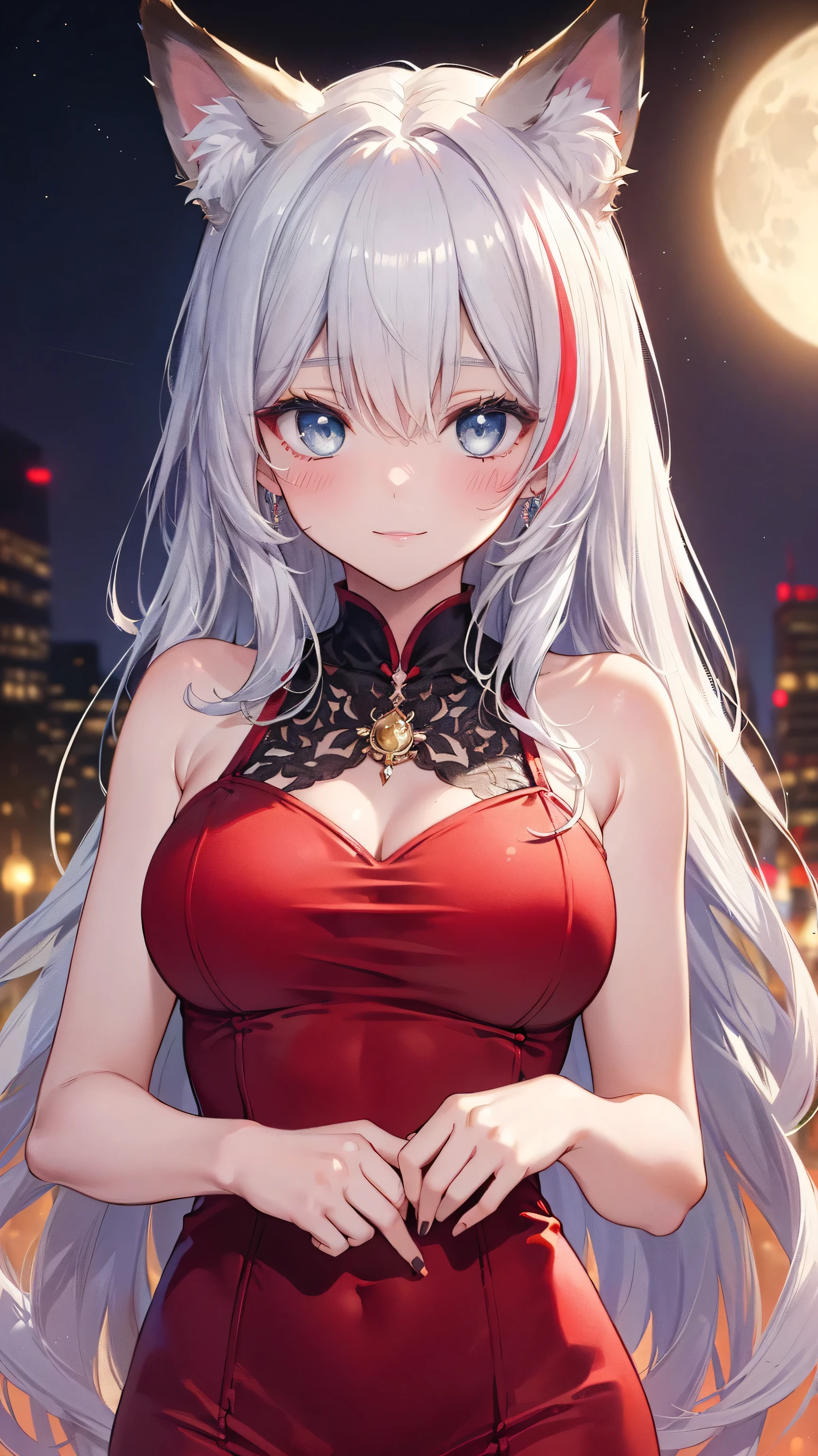 A girl crawls in a park at night,Clear sky in the background. Park benches and soft lighting, Rear photo, (Side photography), looking back at the viewer, (Masterpiece), ((Ultra-detailed)), (Highly detailed), (Expressionless), (Best quality: 1.2), 8K, hdr, A high resolution, absurderes: 1.2, Object perspective, Blurred background, Bokeh: 1.1, Lens flare, (vivd colour: 1.2), High quality texture, Detailed texture, High-quality lighting and shadows, a face with perfect proportion, full bodyesbian, Mature and excited body, Detailed skin texture, vibrant, pale and radiant skin, natural saggy breasts, gigantic bosom: 1.5, High waist, Narrow waist: 1.3, Wide hips, Full buttocks, Detailed beautiful face, (PureErosFace_V1:1.3)(Ulzzang-6500:0.4) Detailed beautiful eyes, Symmetrical eyes, Perfect eyes, Seductive eyes, Beautiful nose, High nose, Clear blush, Detailed lips, Earrings, hoop earings, necklace, jewelry, Sapphire heart necklace, Silver-toned high-heeled sandals, Seductive expression, Smile, Perfect hands, Delicate and beautiful fingers, Detailed beautiful legs, photo-realistic hair, detailed hairs, (Silver dress, Red dress, Blue dress), Chisato Nishiki, Long hair, Blonde hair, (Red eyes: 1.5), Hair ribbon, Bob cut, Red hair ribbon,),Huge breasts,Japan goddess,Blush,