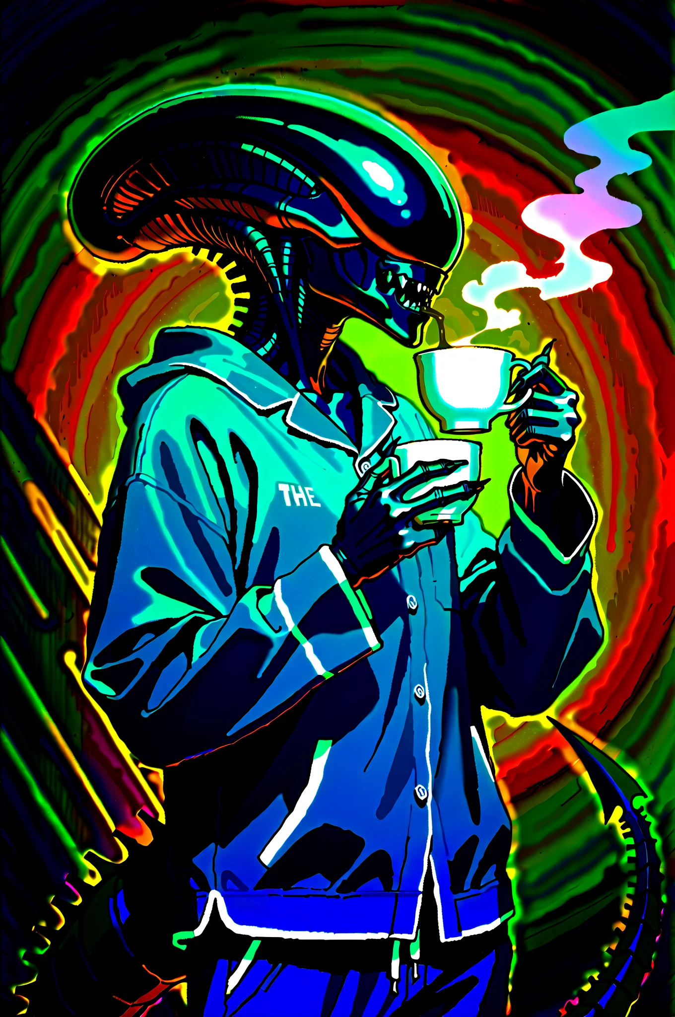score_9, score_8_up, score_7_up, <lora:xenomorph_pdxl:1>, xenomorph is grabbing a starbucks mug, <lora:s34nXLP:0.7> s34n, black background, vivid, terrifying, growling, scary, dark mood, speech bubble heart, vivid, colorful, acid green background,Comic_Style_PonyXL,
