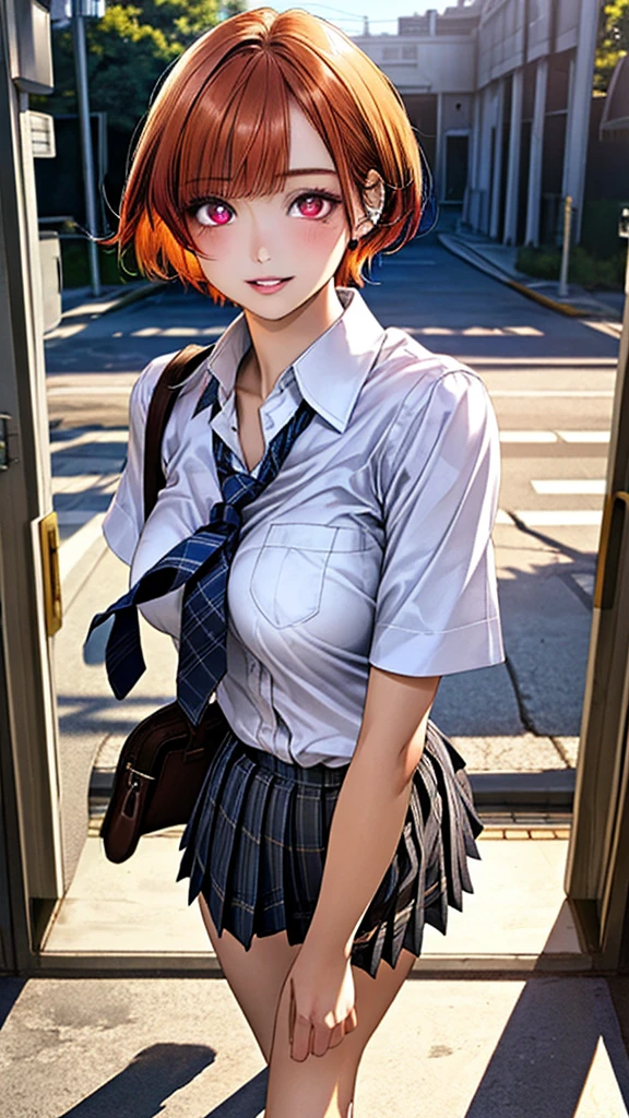 Beautiful anime girl. Orange hair. Sailor fuku uniform. Large breasts, unbuttoned shirt hanging off the shoulders. Short skirt. Raining. Downpour. Caught in the rain. Wet clothing. Wet skin. See through clothing. No bra. visible nipples. Schoolyard. school oval.