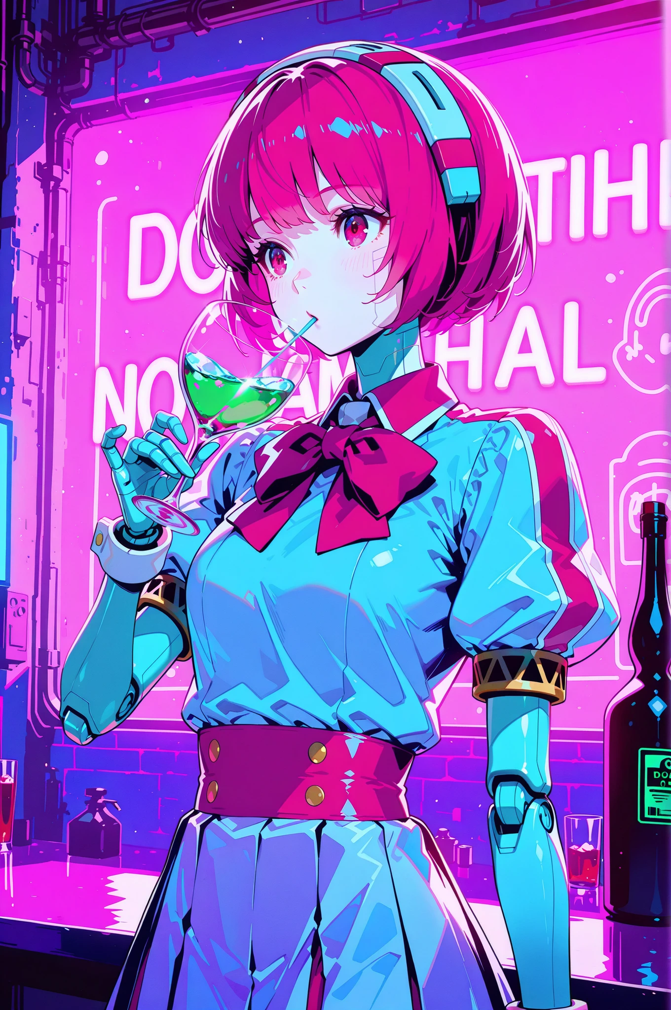 score_9, score_8_up, score_7_up, 1girl, dorothy haze, robot joints, short hair, android, redish eyes, light dress with pouf sleeves, red bow tie, neon light reflections on skin, neon lights background, low light, bar, drinking, tall classy glass, blue and green fluorescent liquid, depth of field, highly detailed, high contrast, film grain, Rim Lighting, long Exposure, DSLR