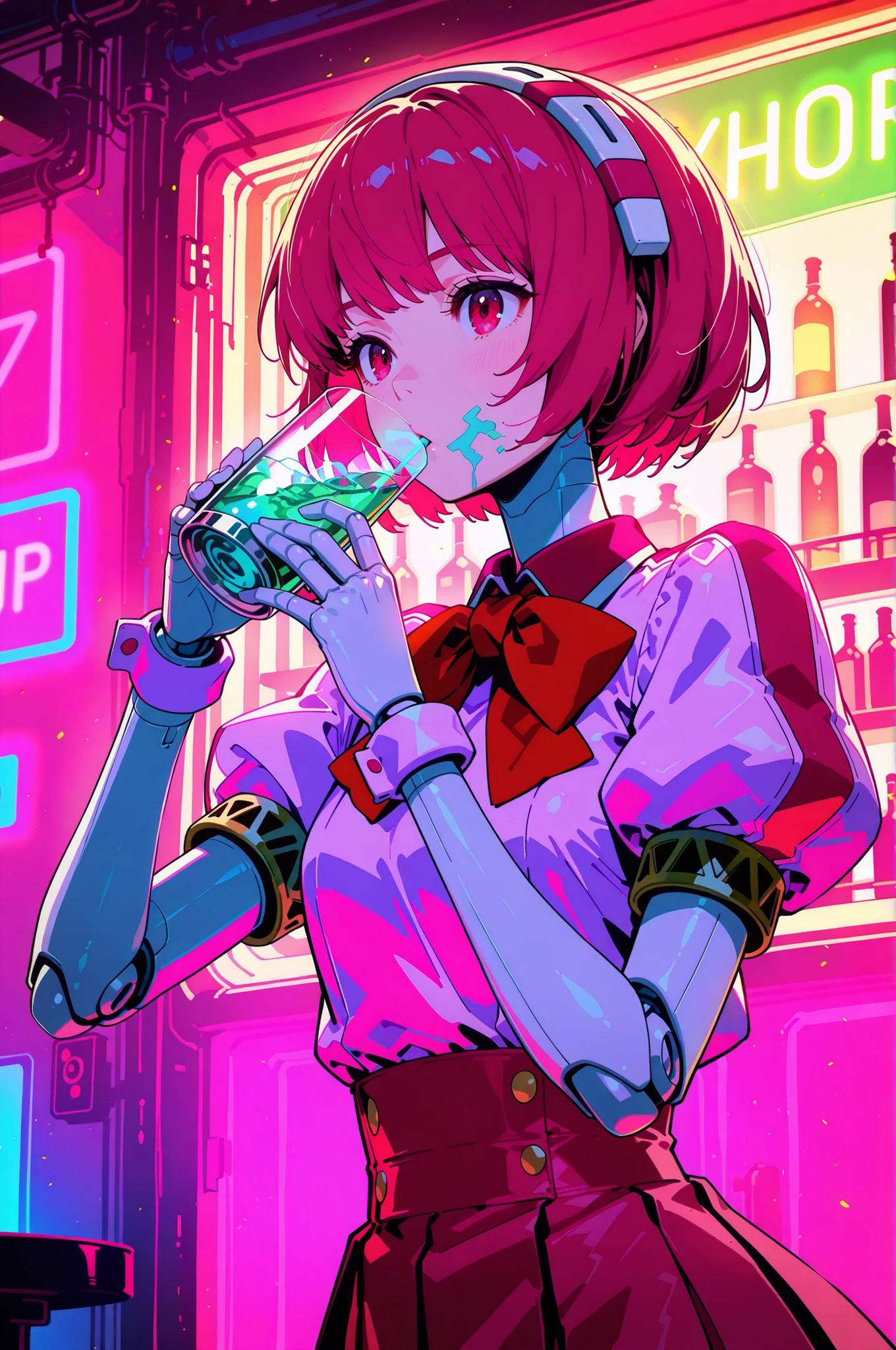 score_9, score_8_up, score_7_up, 1girl, dorothy haze, robot joints, short hair, android, redish eyes, light dress with pouf sleeves, red bow tie, neon light reflections on skin, neon lights background, low light, bar, drinking, tall classy glass, blue and green fluorescent liquid, depth of field, highly detailed, high contrast, film grain, Rim Lighting, long Exposure, DSLR