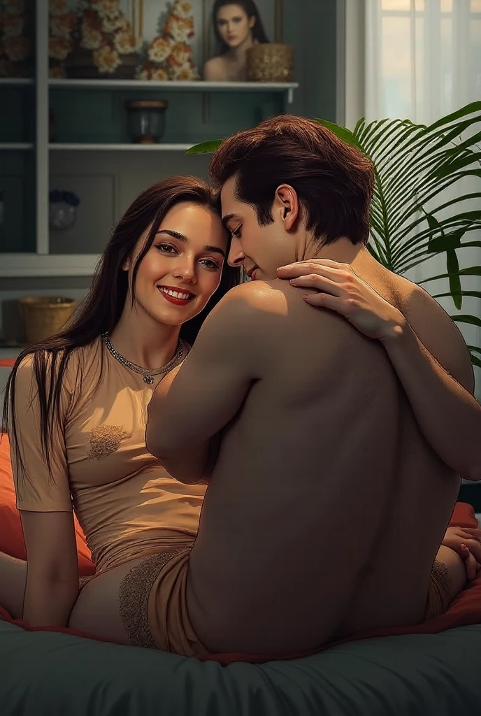 Husband and wife cuddled on the couch talking, mulher jovem e homem velho idoso
