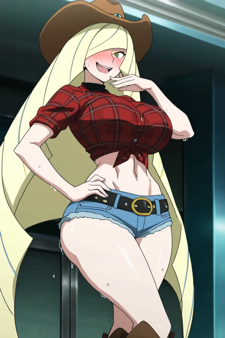 rangiku matsumoto, Long Hair,Black thigh-high boots,Beige jean shorts,Roll up your sleeves,