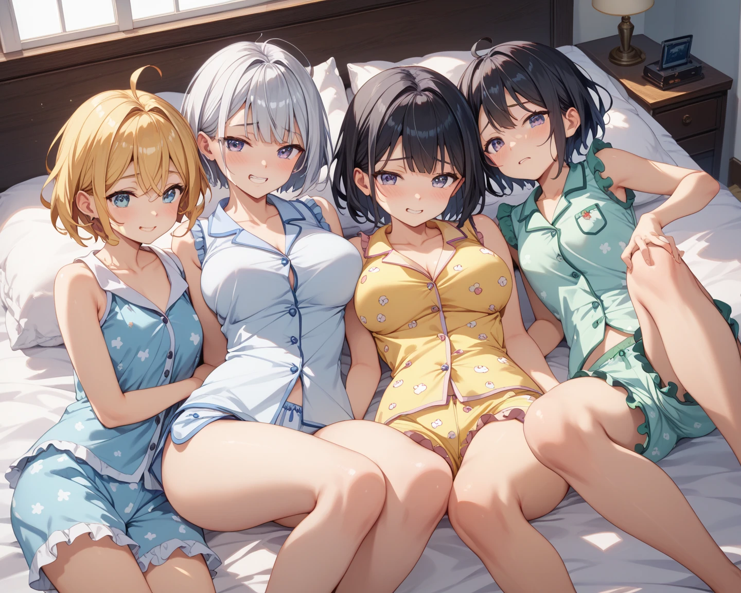 ((masterpiece, best quality, ultra quality, high quality, hyper detailed, intricate detailed, perfect anatomy, shiny skin, cowboy shot,)), (3 women:1.5), cute women are posing for a camera, (indoors, bed, pillow, from side,) (on bed), (Lifting SHIRT:1.3), (open your mouth and laugh:1.3), ray tracing, ((tits)), (small nipples), nipples, breasts, hair band, headband, hair bobbles, blouse, shirt, (line up in a row), 12 talents、13 years old、14 years old、15 years old、 Asian, Westerner, silver hair, brown hair, blond hair, navel, jewelry, looking at viewer, necklace, long hair, short hair, (abs),(Depth of the bounds written), panties,