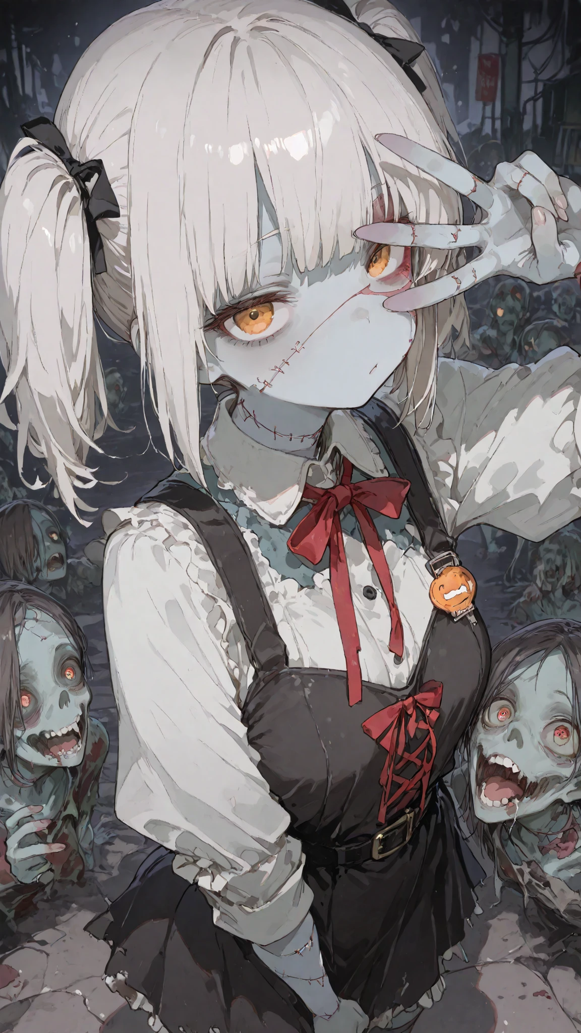 (score_10,score_9_up,score_8_up,score_7_up),1girl, long_hair, short_hair, bangs, black_hair, 1boy, dress, bow, sitting, closed_mouth, braid, short_sleeves, grey_hair, frills, puffy_sleeves, looking_at_another, apron, black_dress, puffy_short_sleeves, grey_eyes, maid, maid_headdress, own_hands_together, looking_up, white_apron, tentacles, maid_apron, frilled_apron, skull, monster, eldritch_abomination