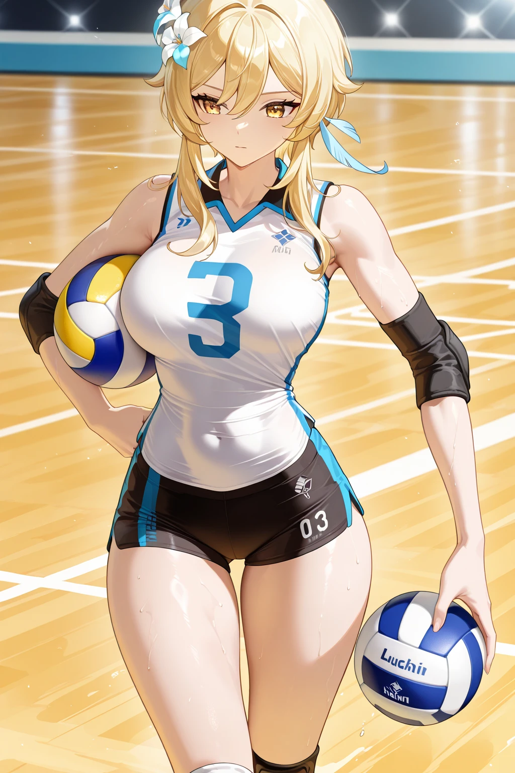 unity 8k wallpaper, anatomically correct, (((masterpiece))), (((best quality))), (((ultra detailed))), (((high-resolution))), ((super fine illustration)), ((Ultimate cutie)), detailed beautiful face, shiny hair, 18 years old, ((potbelly)), (curvy), medium breasts, ((Thick thighs)), sleeveless volleyball uniform, ((buruma)), ((knee pad)), (elbow pad), ((hold volleyball)), ((hold a 6-inch volleyball)), cowboy shot, in volleyball court, in school gymnasium,
BREAK, (Yuri), 2girls_A_and_B, A girl_have_{{blond ponytail}}_{hair bow}_{{happy}}_{smile},
BREAK, B girl_have_{black short hair}_ {hair bow}_{{{smirk}}}