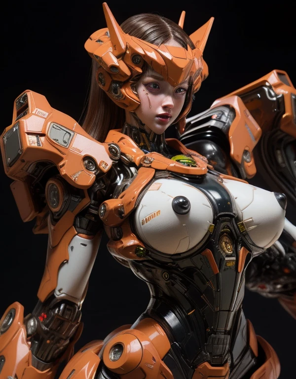 full body, Exposed breasts, Short-haired girl, Brown Hair, Tiger-themed mecha, High resolution, accurate, Anatomically correct, 最high quality, detail, 高いdetail, high quality, Multiview, Exposed shoulders, Exposed Skin, Neon Light,
