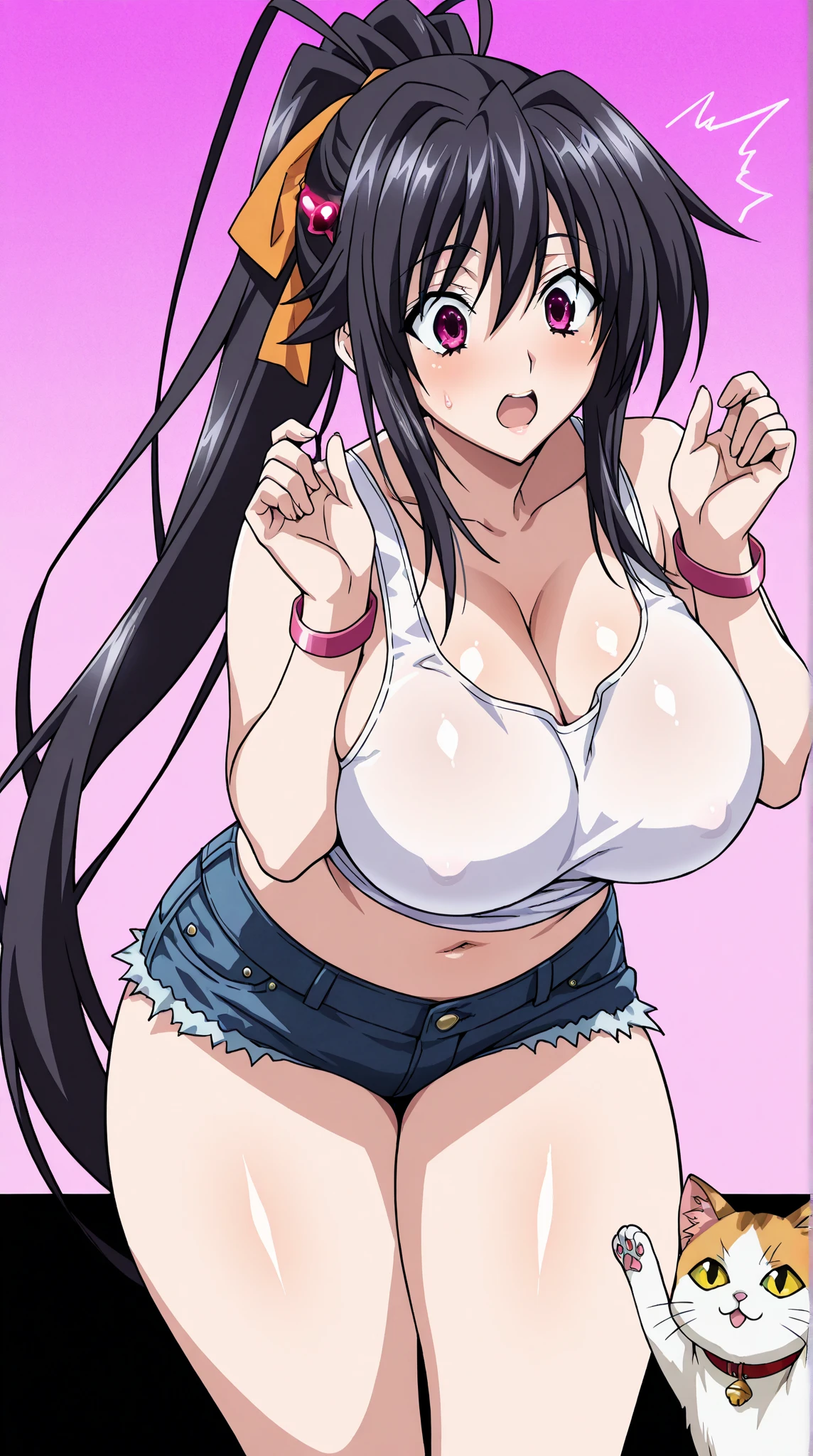 Akeno Himejima, 1girl, (((bimbo))), purple hair, purple eyes, ear rings, (((bimbo))), puffy lips, painted lips, thick lips, pleasure face, tongue out, wide hips, thick thighs, huge round ass, huge natural Hitomi Tanaka breasts, nipples , white panties, undressing bra, skirt white panties, zoom in breasts
