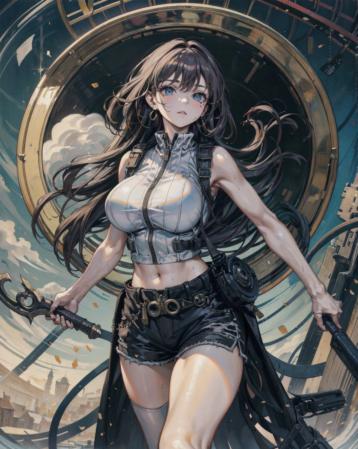 steampunk world. 1.5, Sexy girl, long purple hair, plaid miniskirt, belt rope, small breasts, tight tank top, art inspired by Bill Sienkiewicz

