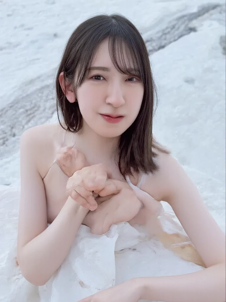 Adorable, Seaside, Japanese Girls, (Portraiture, close:1.2),Exposed forehead,Medium Hair ,( cheek,Glossy Lips:1), All Nude, View your audience, ,Sweaty, (Baby Face), (Embarrassing, smile:0.7), (Pale skin:1), (Put your hands behind your back), sunset, catch_Light, (Thin pubic hair)、sitting on the beach、Spread your legs、Show your genitals here
