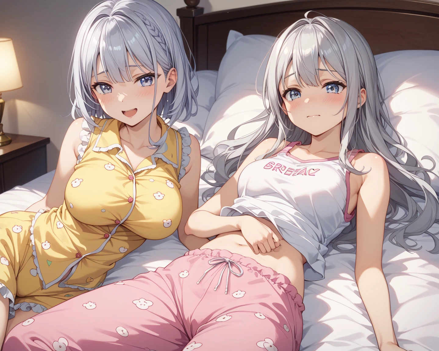 masterpiece、top-quality、2 girls in、a bed、laying on back、co-sleeping、hotel(pyjamas:1.2), white hair,Red Eyes,(s Pajamas:0.8), (耳Nipple Ring:0.7),(middlebreasts:1.4), (A smile:0.8)