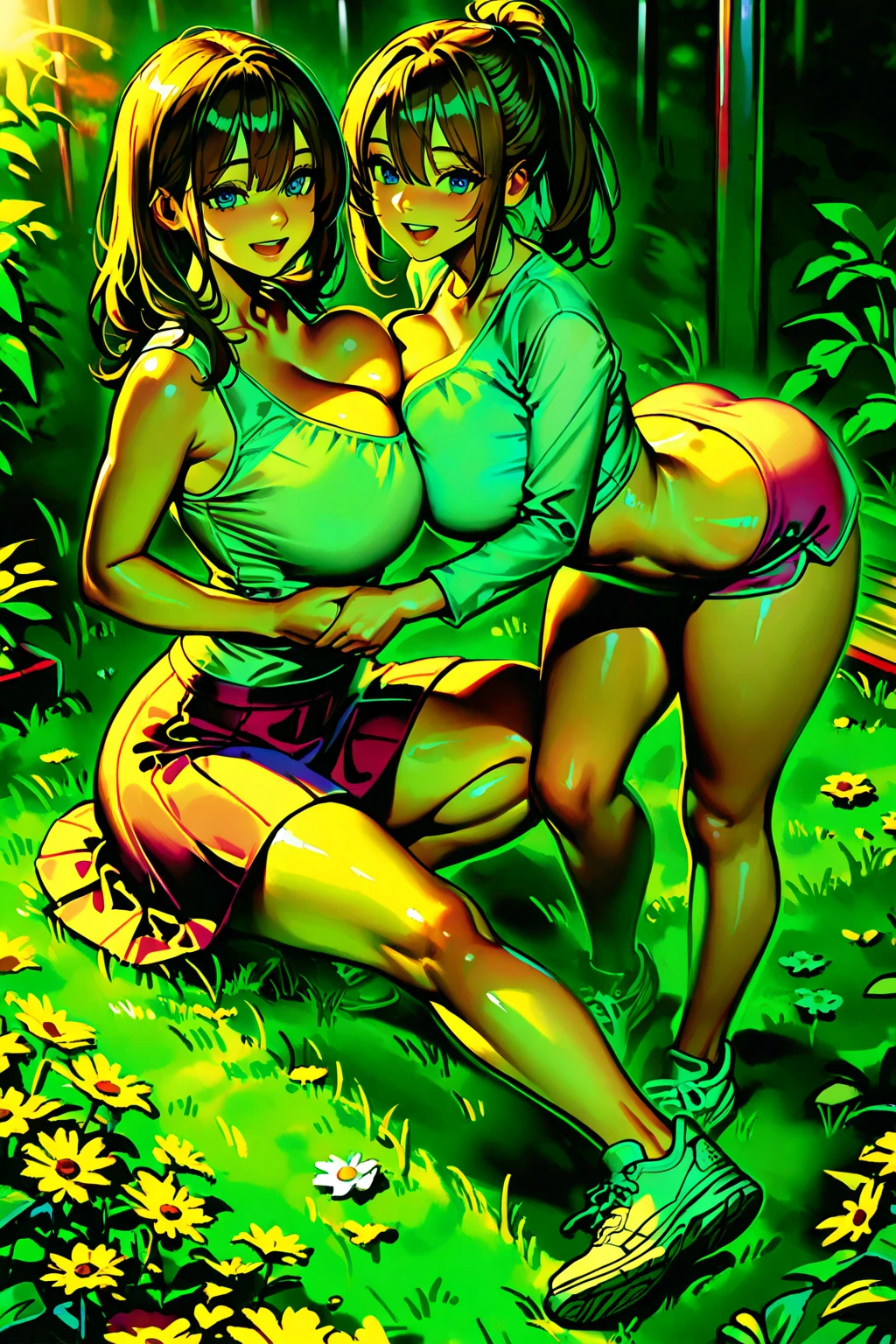 2 dark skinned girl sisters, huge tits, topless, no panties, selfie, detailed eyes, extremely detailed, highest quality, park, laying on ground, on all fours, comparing asses