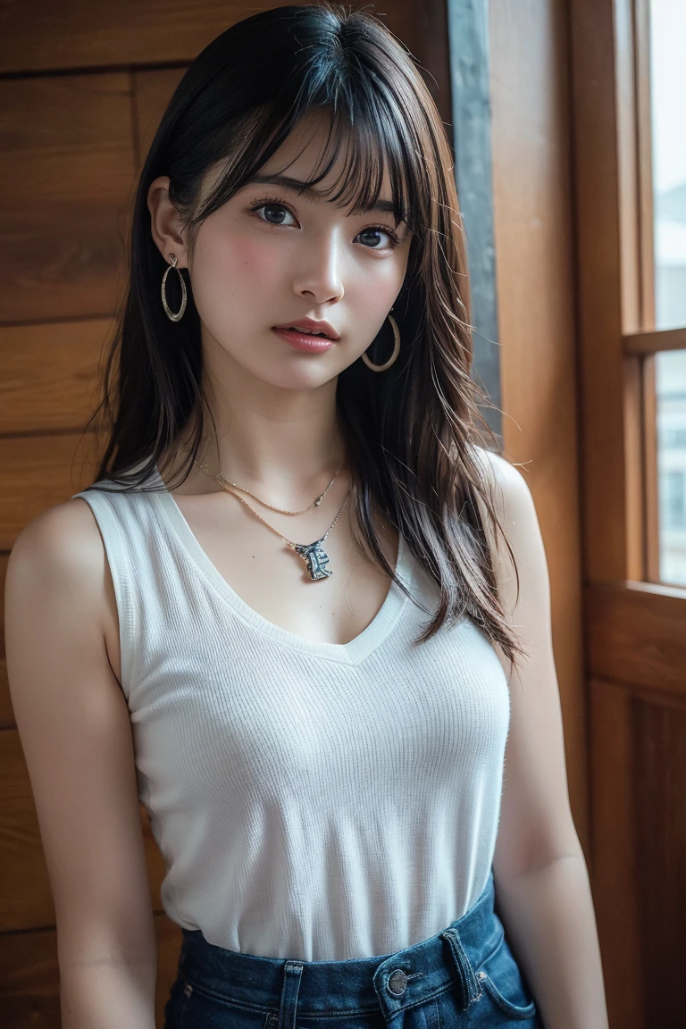 (((One girl:1.3))), ((23 years old:1.3)), (She is my daughter), 
break 
(Surprised Smile:1.2), 
((Medium large breasts:1.3)), (Accentuated breasts:1.3, Movie chest, Shapely breasts:1.1, Perfect body), 
break 
(neat fashion:1.3), (white-theme:1.3), (High neck sleeveless sweater:1.3), ((Gold Necklace:1.2))
break 
pleated skirt((color : green + Silver) high waist, (pattern : Plaid)):1.3), 
break 
(Standing leaning against the rail(color : white) wooden deck(Outdoor, open minded) Glamping Tent ((Gorgeous themes, Transparent Dome Tent, Great atmosphere, Great lighting, Transparent dome tent surrounded by nature)):1.3), ((Long Shot:1.5)), ((At night:1.7)), 
break 
((Her serious expression、Create a photo that conveys the feeling of a relaxed and happy moment.:1.3)),
break 
(colorあせた写真:1.3), (Film Grain:1.3), Depth of written boundary, (Bokeh:1.1), (Light and shadow:1.4),
((Cowboy Shot:1.2)), ((From below:1.2)), ((Focus on her:1.2)), 
