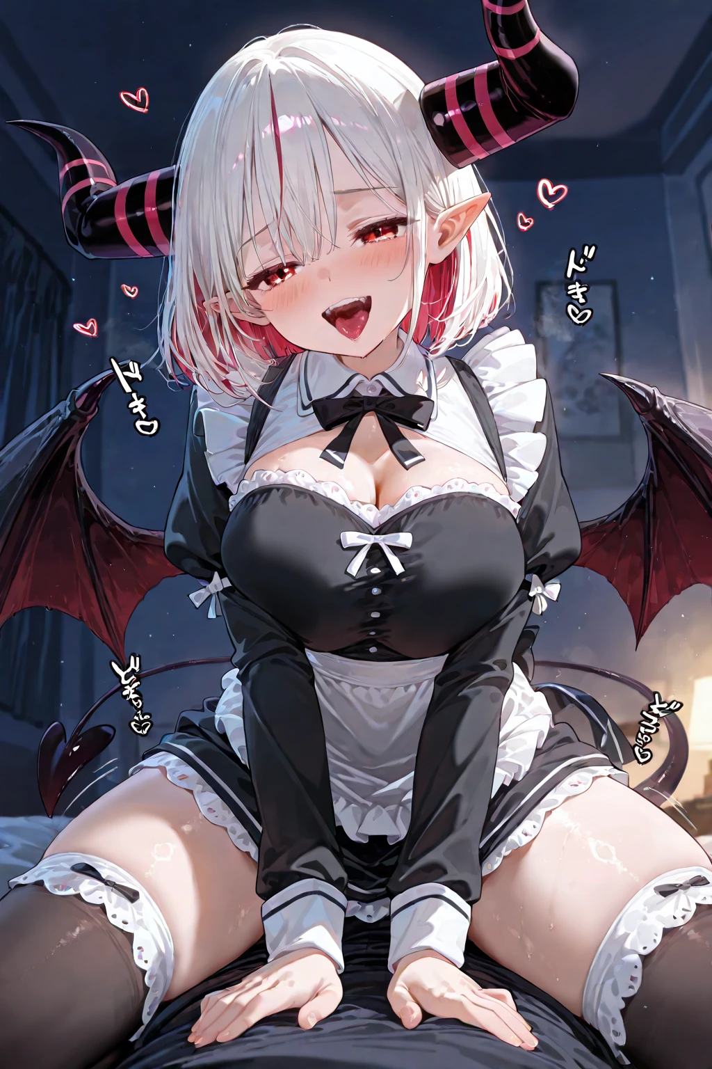 10th Generation,A beautiful woman,Beautiful breasts,Moe,Succubus,bat wings on the back,,Cow horns on the side of the head,Peach front tie bikini top,Ruffled apron dress,Headdress,Maid,Black knee socks