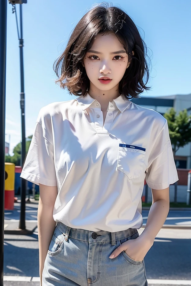 (Highest quality, masterpiece:1.2), Highest quality, Realistic, photograph, High resolution, 1080P, 8K, Physical Rendering, ((height: 155cm)), ((((((A beautiful 14-year-old fashion model featured in a Japanese fashion magazine、Look directly at the viewer)))))), (((big, Very fine, Beautiful dark brown eyes))), ((((Everyone loves me、They are Laughter at me.!)))), Detailed fingers, (((length, Curled bangs、目までのlengthの前髪))), ((((Very noble and cute eyes, Every detail is carefully drawn)))), ((double eyelid)), (((length eyelashes))), ((cute、Adorable、Adorable、Laughter、Laughter頬)), ((The light hits my nose and cheeks. Her eyes and the white skin of her face are beautifully white.......)), (((((Her face is very expressive、With a noble smile。, so sweet, very smart))))), ((((All the buttons on her shirt are undone、Open the shirt from side to side、From her neck、chest、Her figure showing her belly is very impressive..)))), ((((so beautiful、肩までのlengthのストレートな茶色の髪、Side hair braided)))), (((((((Formal short pleated skirt))))))), (((It's striking to see her unbutton her white sleeveless summer shirt to show off her beautiful pale skin..)))), ((As elegant as a noble princess)), ((Girls dancing in the classroom)), ((from the front,Create striking images..))