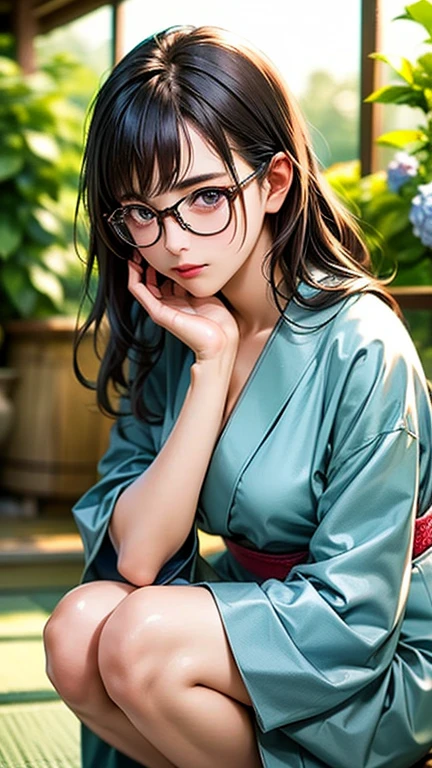 Mature Japanese Woman, 60 years old, whole body, wearing thin lingerie, (Pink frame) Glasses, alone, good, underwear, chest, jewelry, Earrings, Gray Hair, short hair, chestの谷間, thin, View your viewers, Realistic, large chest, Red lipstick