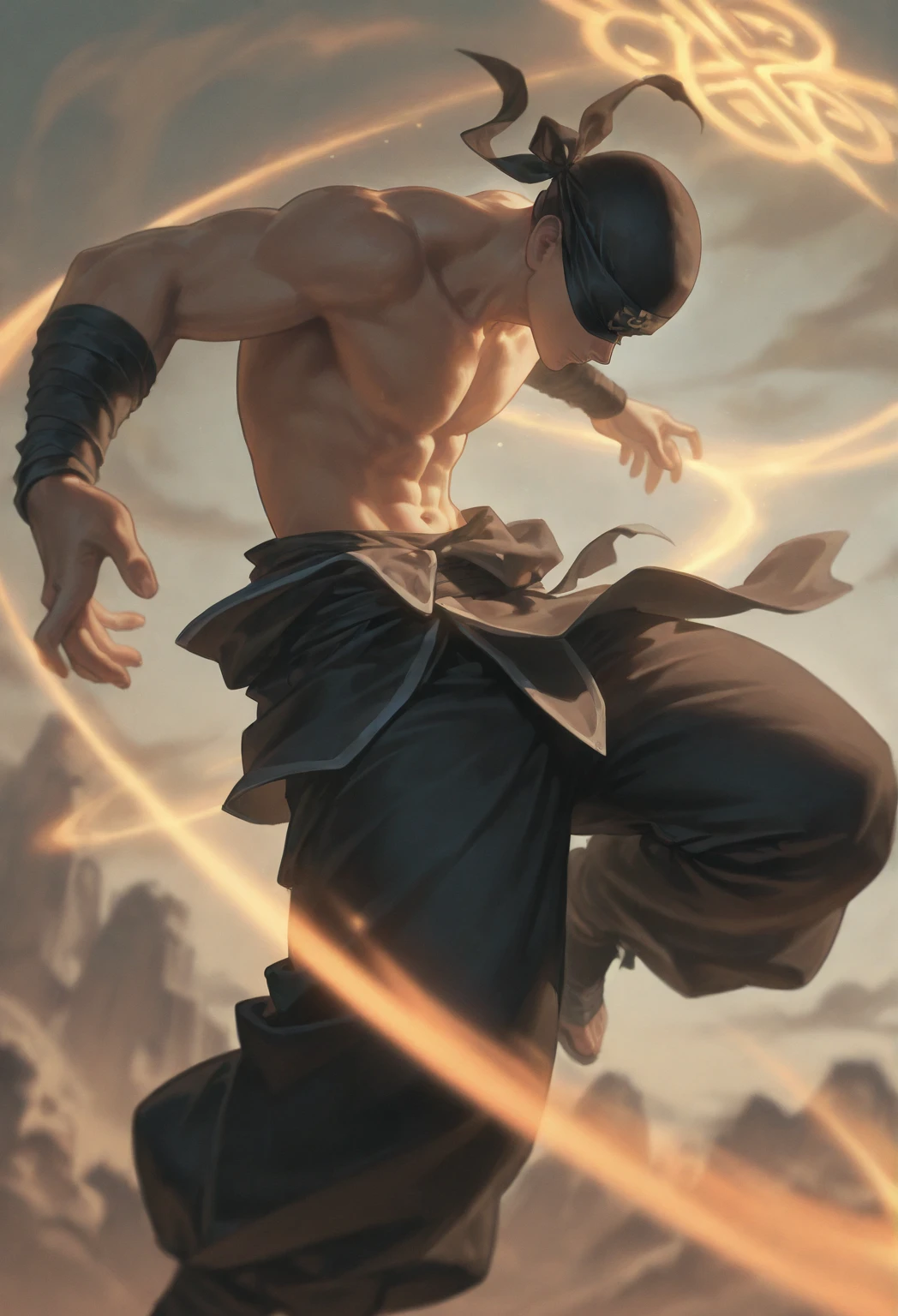 mid-angle shoot, side-angle view, fish-eye effect, a big muscular body Chinese young man, buzz-cut hair, wearing a grey yukata pants, dark style, barefoot, shawl cloth floating, wearing thunder gauntlets, clashing fist, a yellow-black lightning effects, a black smoke evaporates from his body, spinning attack pose on a rock, fire sparks effect, flying debris, focus on detailed eyes,super detailed,realistic, HDR, background the forest view and a rocky river, white lighting.