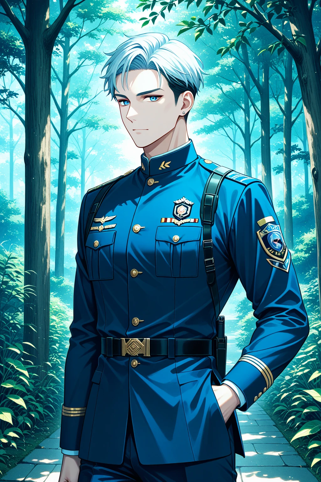 obra-prima, detalhe intrincado, melhor qualidade, A man in a sheriff's uniform standing next to a Royalty - Free lake, Retrato de um ranger robusto, Retrato do ranger masculino robusto, Retrato de corpo inteiro de um guarda florestal, Ranger masculino robusto, in a scenic background, cintura para cima retrato, Forrest em segundo plano,