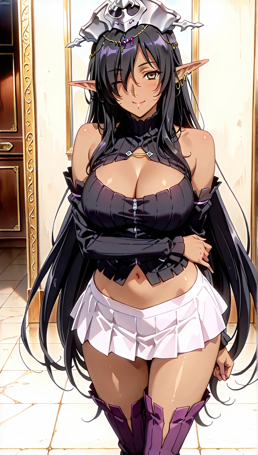 best quality, extremely detailed,anime style girl,long hair down to the waist, straight hair, ((dark black hair with bluish)),braid,beautiful detailed eyes, pinched eyes, (dark blue eyes),huge breasts,curvy,cosplay,hair ornament,Luxurious room,smile,