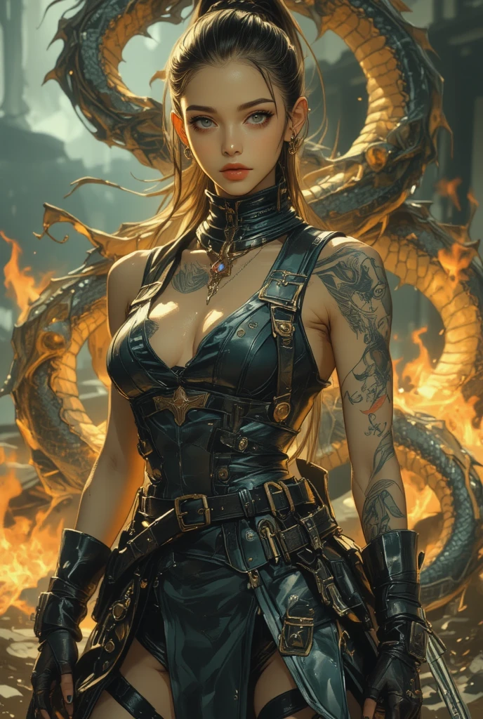 One ultra hot gorgeous European Woman, age 23. She’s a beautiful playmate, men magazine model. style Steampunk, steam punk warrior, dark colors,  neon blues, led, hyperrealistic, background dragon red and fire, yellow, full colors vibrants. Perfect anatomy, perfect hair, perfect breast, perfect body, perfect hands, perfect face, perfect eyes, accurate, anatomically correct, perfect clear and crisp focus, UHD, masterpiece, 
