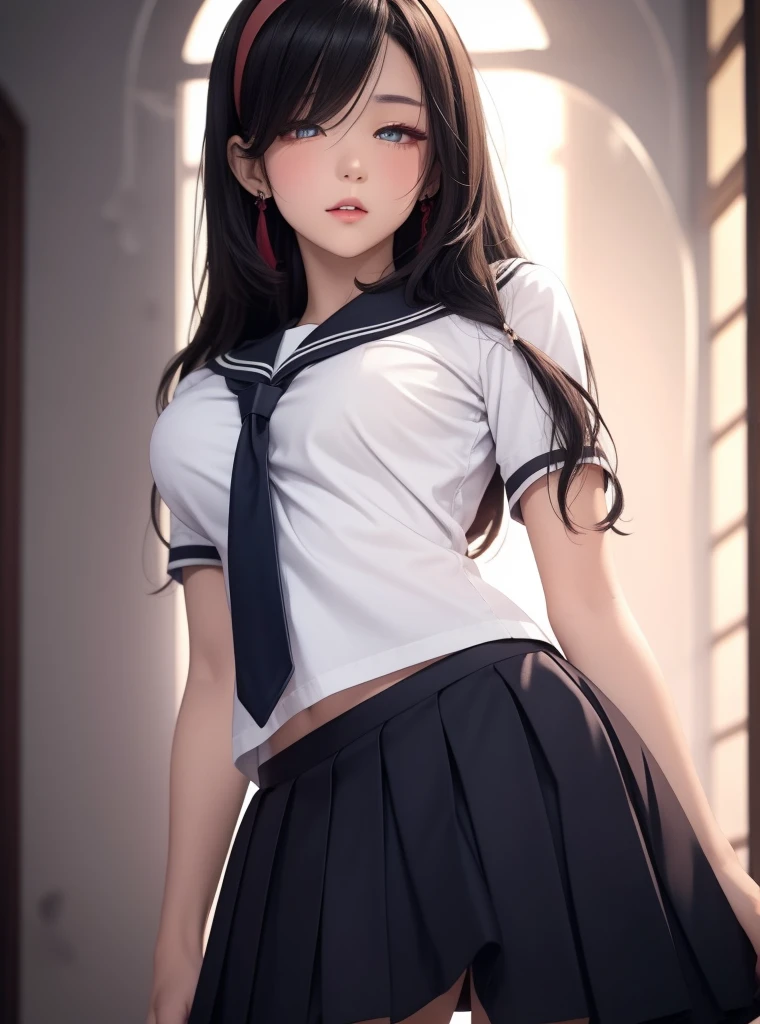 1girls, Female teacher，Delicate and beautiful face, get  blush, Purple pupils，crimcon hair，long haired，Various hairstyles，Full, symmetrical chest，Convex buttocks，Black and white shirt，yellow bowtie，white  panties，red short dress，Black lace stockings，whole body soaking wet，perfectly proportioned, Detailed clothing details, A school full of students，Cinematic lighting, filmgrain, Fujicolor, light and darkcontrast, 8K, 巨作, Textured skin, Super detail, high detailes, High quality, highly resolution,