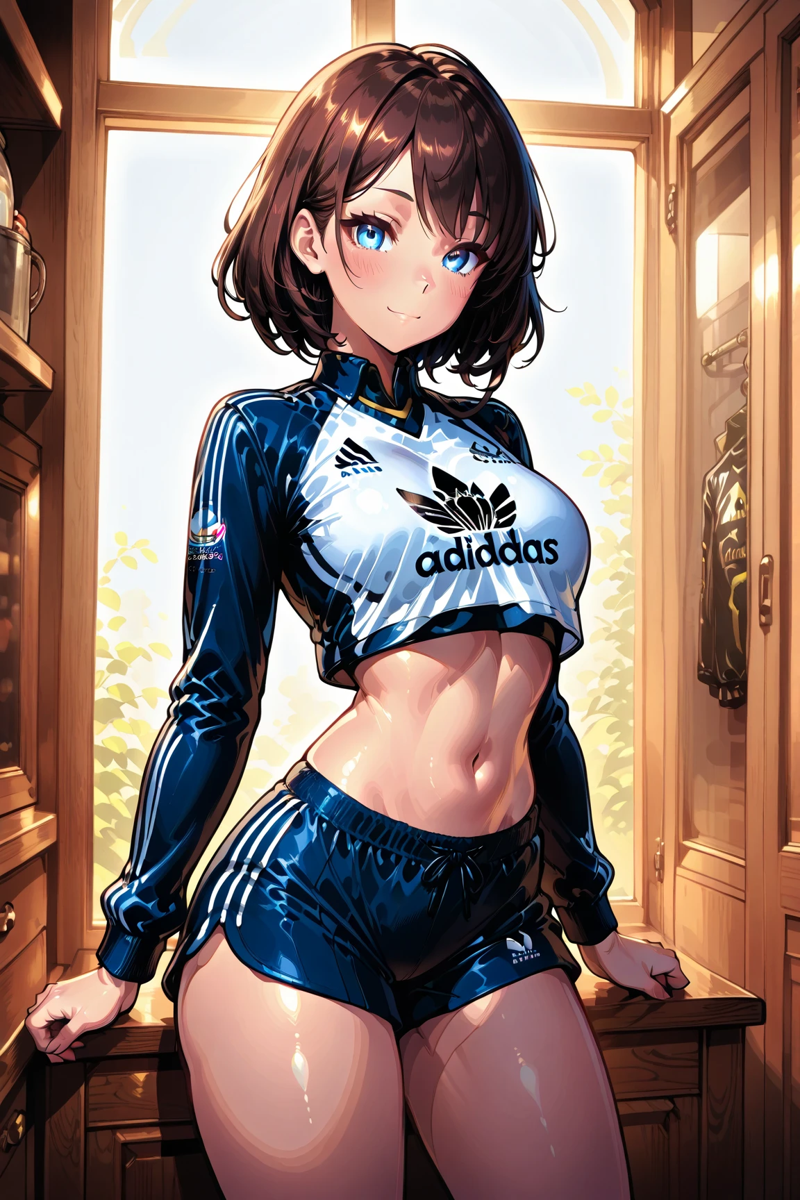 Black skinned girl from the front in short and tight clothes
