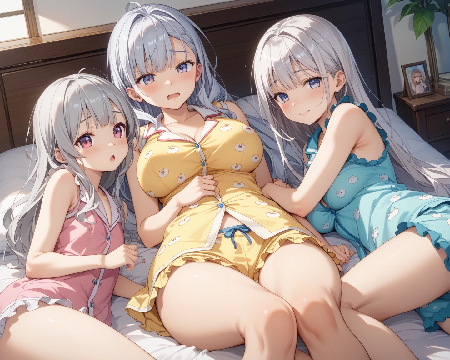 masterpiece, best quality, simple background, random hairstyle, large breasts,  spring casual outfit, ((futa with female)), 3 girls, on back, 
