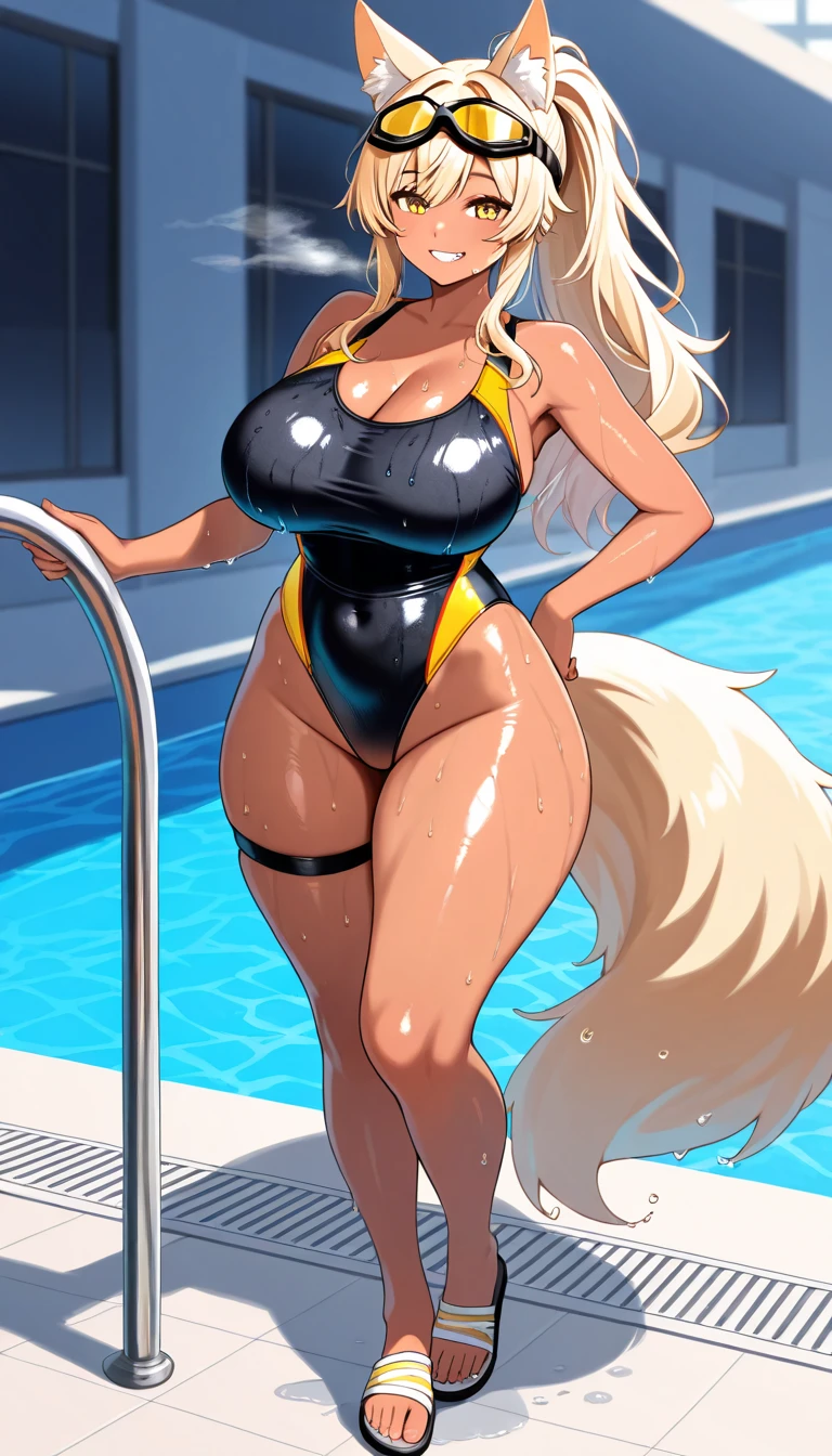 uploaded on e621, nsfw, raw photo, realistic, anthro, detailed face, detailed fur, snout, helluva boss, loona hellhound, loona, huge breasts, nipple outline, erect nipple, big nipple, in hot tub, in tub, swimsuit, 2 piece, in water, night time, sitting in water, clear water, wet, relaxing, happy