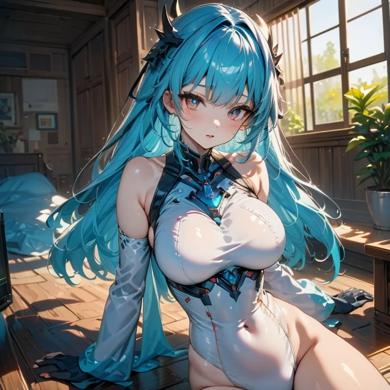 (Enrich the picture,Masterpiece level quality)Beautiful 8K CG artwork,Goddess-like posture,Kneeling exercise,Slim and soft,Translucent skin,Blue hair、The beauty of extra-long hair, Super Long Straight Hair,The skin is fair and juicy,Big JK Uniform,Perspective Part 1.2x enhanced silhouette effect,Exquisite transparent blues pattern in pajamas,The details are intricate and exquisite,The background is slightly blurred,Charming and lustful leg seduction,Drool,Extra-large big breasts,Blush,Japan goddess,Perfect body slim curves,