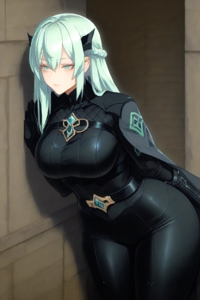 dark blue hair,,long hair,purple eyes,pointy ears,elf,((black tight body suit)),big breast,wide hips