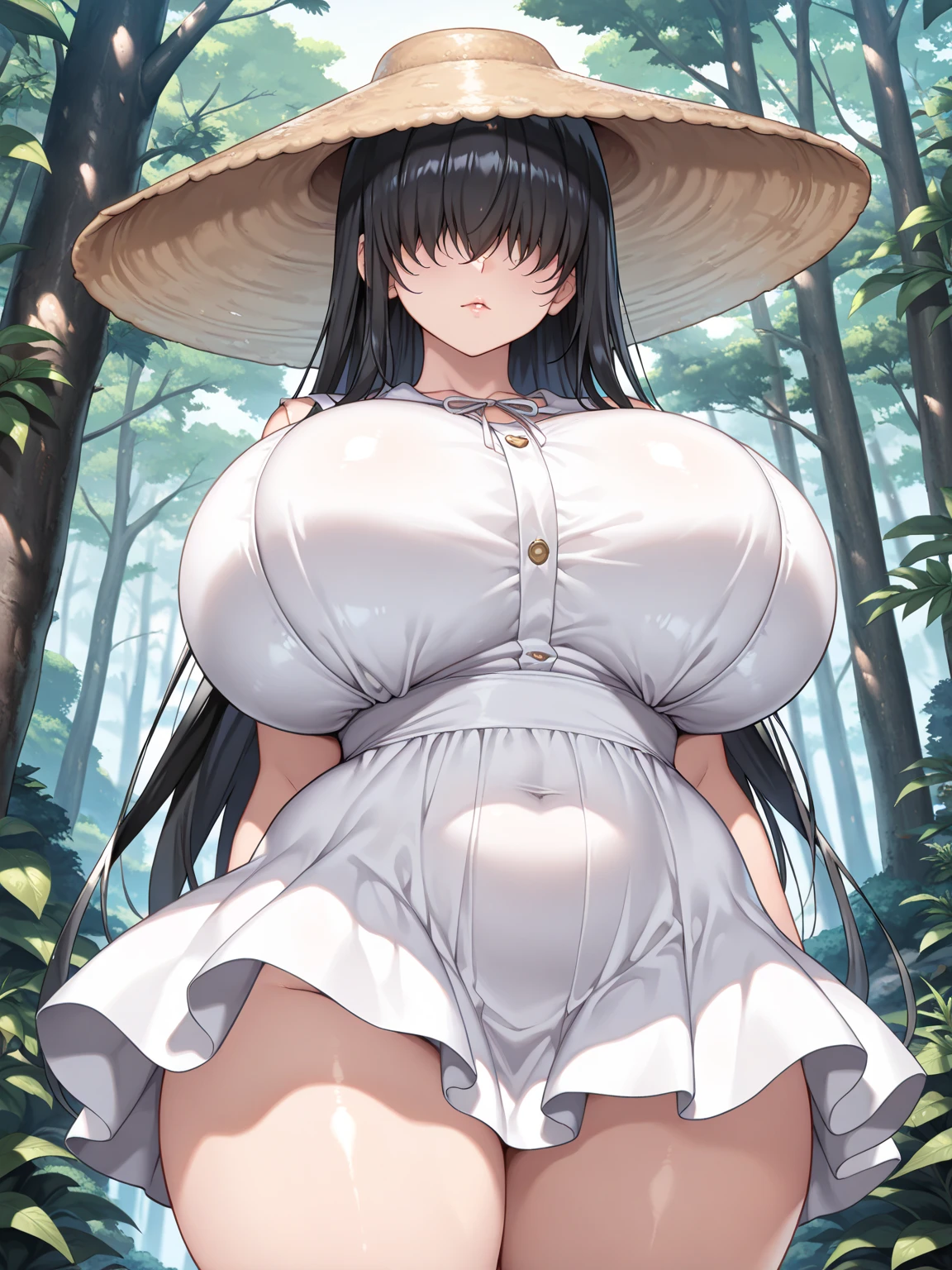 (Best quality:1.3), 1 woman, mature, long black hair, bangs, brown eyes, smile, Gigantic, soft breasts, Slim waist, Wide hips, white loose summer dress, huge cleavage, white summer hat, green field, clouds, showing thighs, from above