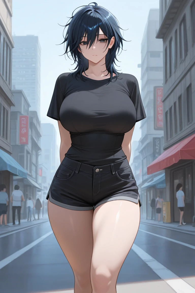 mature woman, mature face, hot face, glossy lips, (black hair, short hair, hime bangs), mature body, big breast, gray shirt, tight shirt, puffing chest out, (black leather jacket), tight pants, big ass, sidewalk, (night), front view