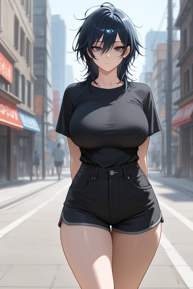 Masterpiece,8k, perfect face highly detailed,HDR, ultra realistic photoshoot, absurdres,award winning photo, extremely detailed, amazing, fine detail,
KazAsuka, Japanese woman, blue crop top, big breasts, denim jacket and minishorts, short black hair, MMA gloves, posing for a picture, in the streets of Osaka