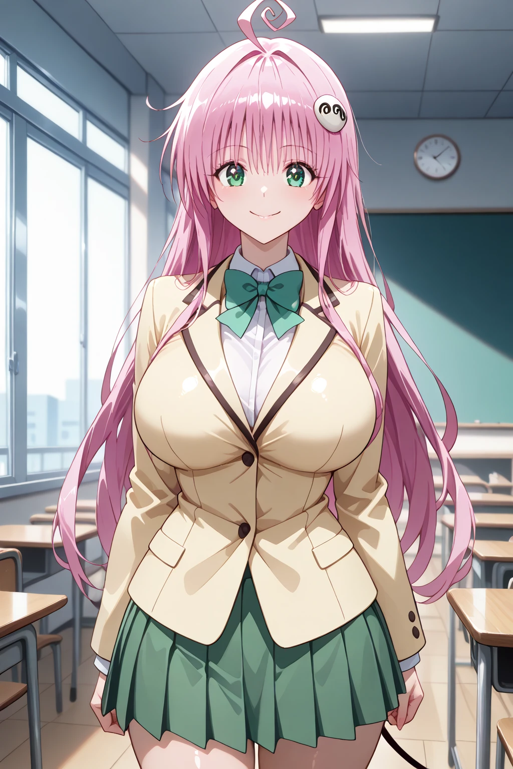 Lara Deviluke, Lara Deviluke, long hair, pink hair, tail, Ahoge, bangs, hair ornaments, (green eyes:1.5), open your mouth,(gigantic chest:1.2)、excited smile,lure,
break , white shirt, (yellow blazer:1.5), blazer, ribbon, green ribbon, pleats, pleats skirt, skirt, (green skirt:1.5),
break indoors, classroom,
break looking at viewer, (cowboy shot:1.5),
break (masterpiece:1.2), highest quality, High resolution, unity 8k wallpaper, (figure:0.8), (beautiful detailed eyes:1.6), extremely detailed face, perfect lighting, extremely detailed CG, (perfect hands, perfect anatomy),