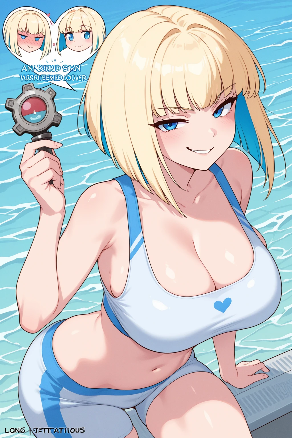 1girl, breasts, looking at viewer, blush, smile, open mouth, bangs, blonde hair, large breasts, hair ornament, holding, animal ears, cleavage, hair between eyes, twintails, tail, swimsuit, multicolored hair, one eye closed, green hair, hairclip, fang, rabbit ears, two-tone hair, aqua eyes, streaked hair, one-piece swimsuit, sideboob, skindentation, thigh strap, multiple views, fake animal ears, rabbit tail, skin fang, blue one-piece swimsuit, zoom layer, water gun